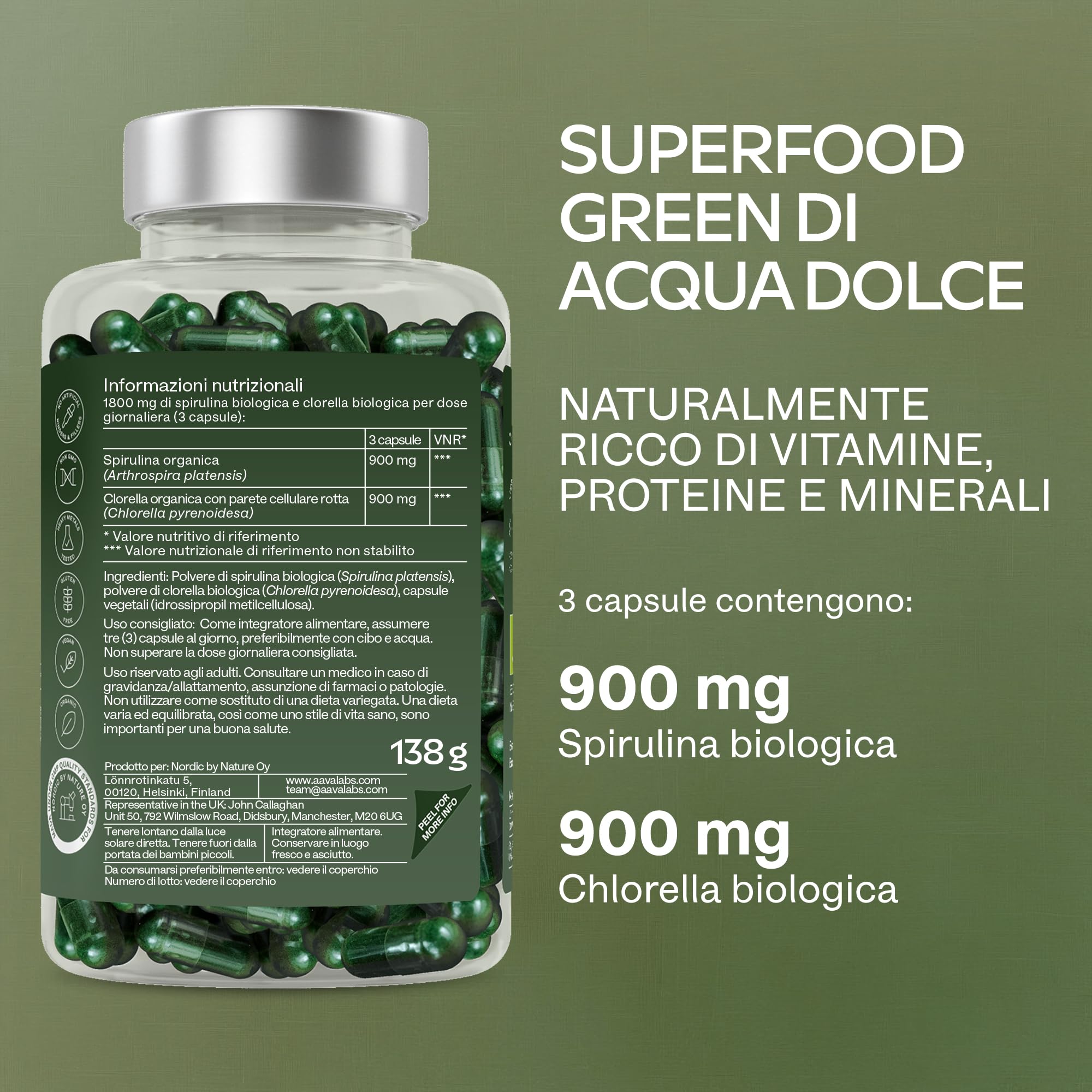 Spirulina & Chlorella Bio [1800 mg] AAVALABS - Alga Spirulina Bio Compresse - Clorella e Spirulina Polvere da Alghe Naturali di Alta Qualità con Fitonutrienti - Ideale per Frullati - 200 Capsule Vegan