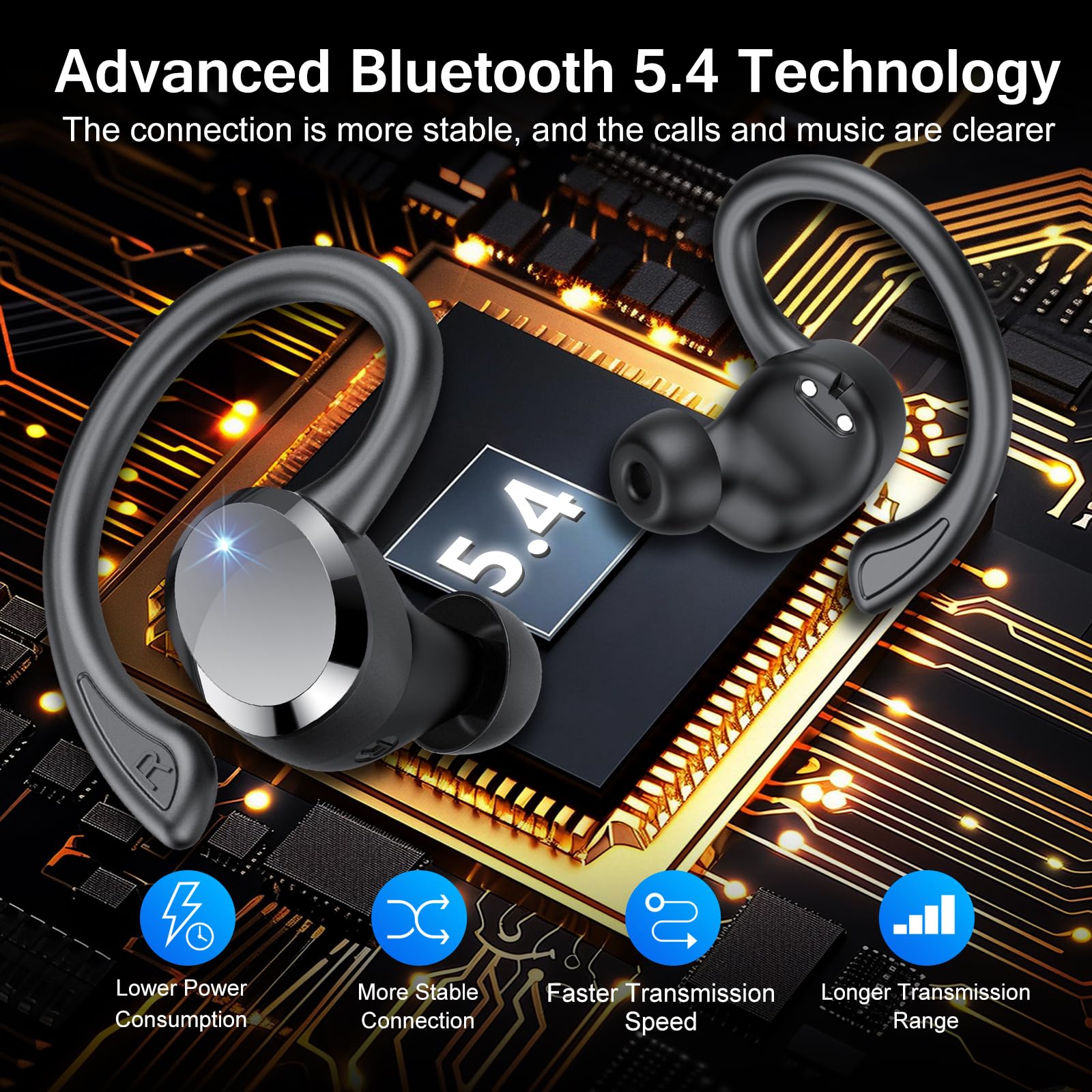 Bluetooth Kopfhörer Sport, Kopfhörer Kabellos Bluetooth 5.4 mit 4 ENC Noise Cancelling Mic, 68Std Hi-Fi Stereo Tiefer Bass Wireless Earbuds, LED-Anzeige, IP7 Wasserdicht Ohrhörer mit Ohrhaken