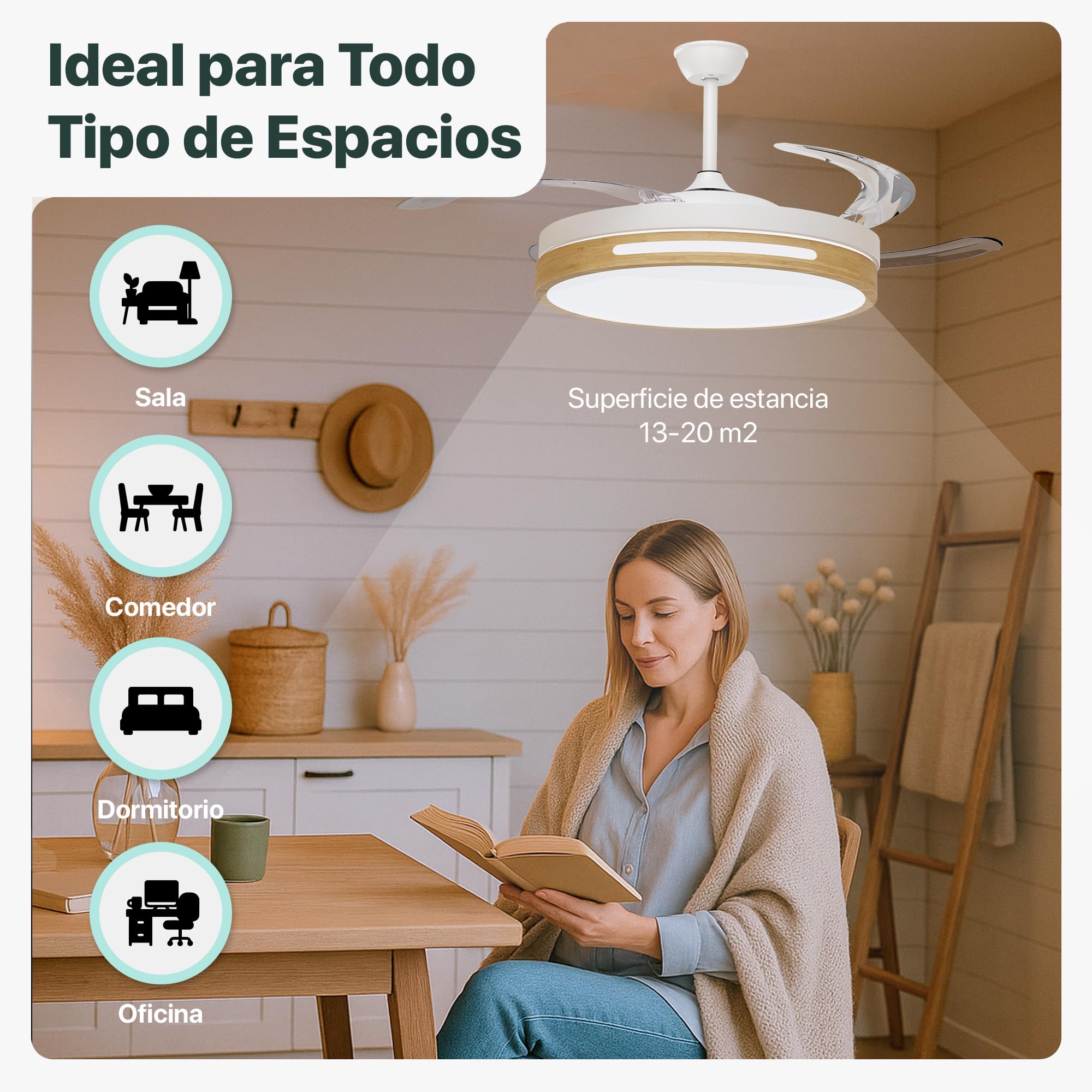 LEDUNI Ventilador de Techo con Aspas Retráctiles Control Remoto 66W | 30W Motor DC+36W Luz 2880LM Luz Integrada, Color Blanco CCT 3000-4000-6000K (Madera Liso)