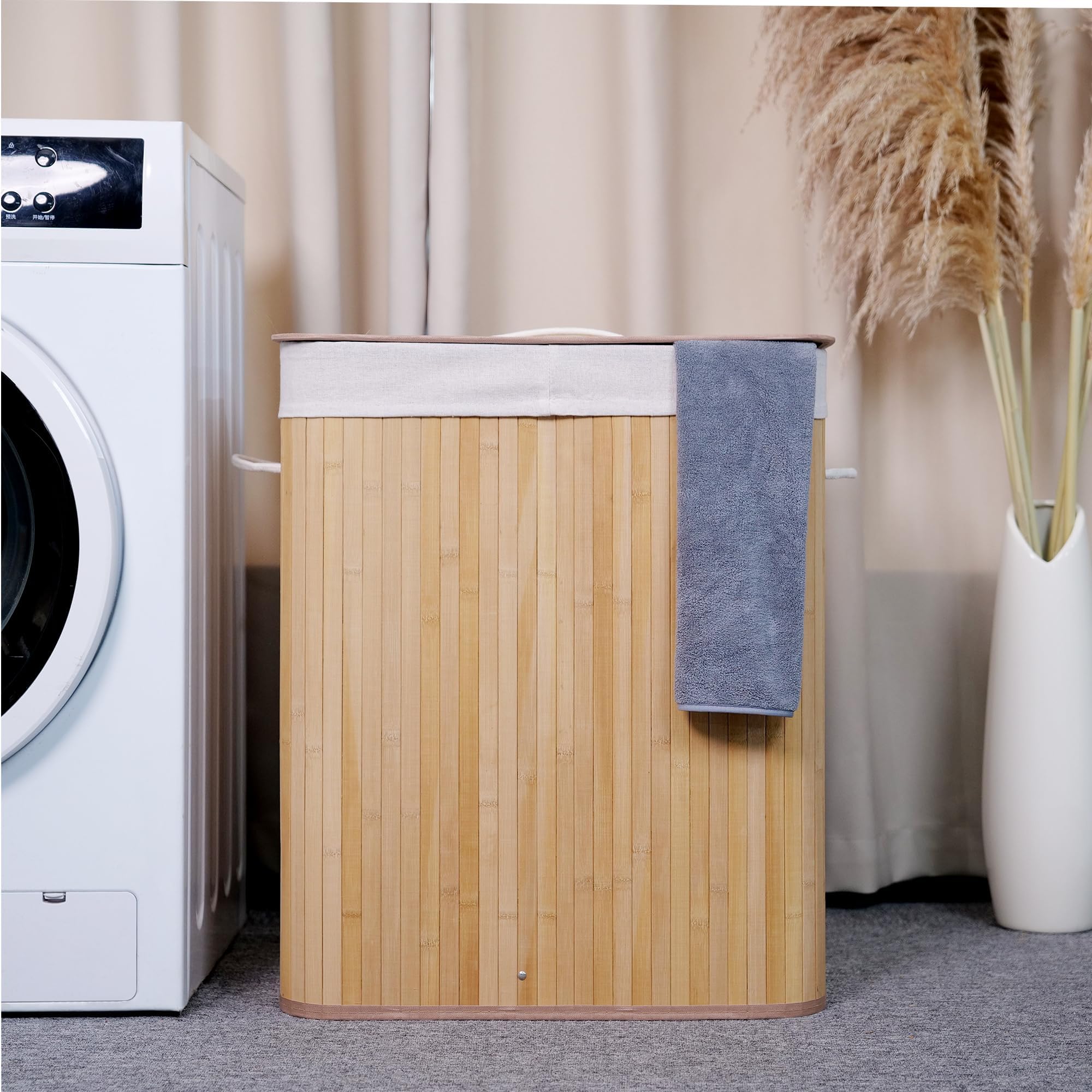 106L Laundry Basket, Bamboo Laundry Hamper with 2-Compartment Categorized Inner Liner, Large Foldable Washing Basket with Removable Lid, for Bedroom, Bathroom