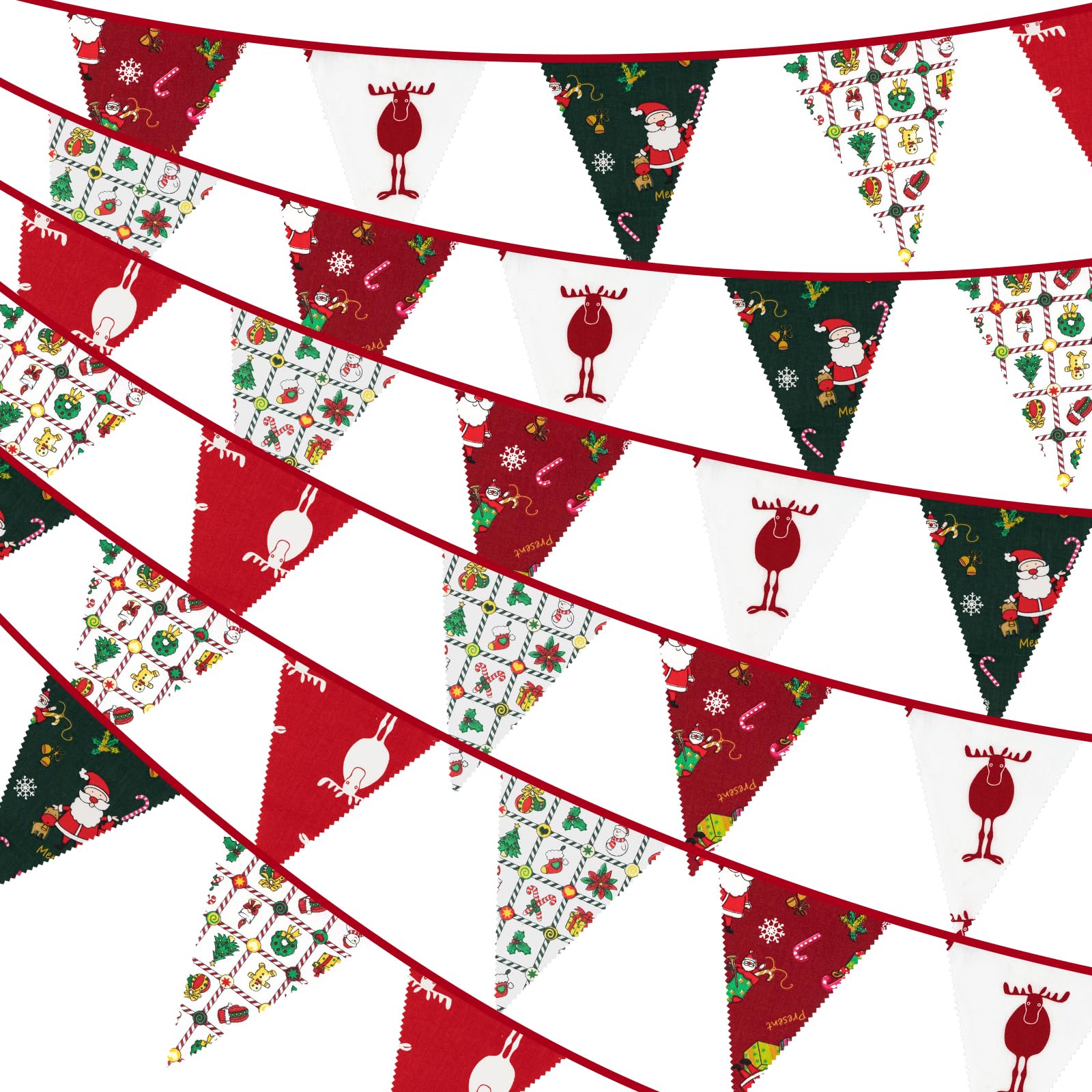 36PCS Red and Green Fabric Christmas Bunting Banner Xmas Pennants Banner Triangle Flag Vintage Xmas Bunting Christmas Parties Decoration for Fireplace Door Window Wall