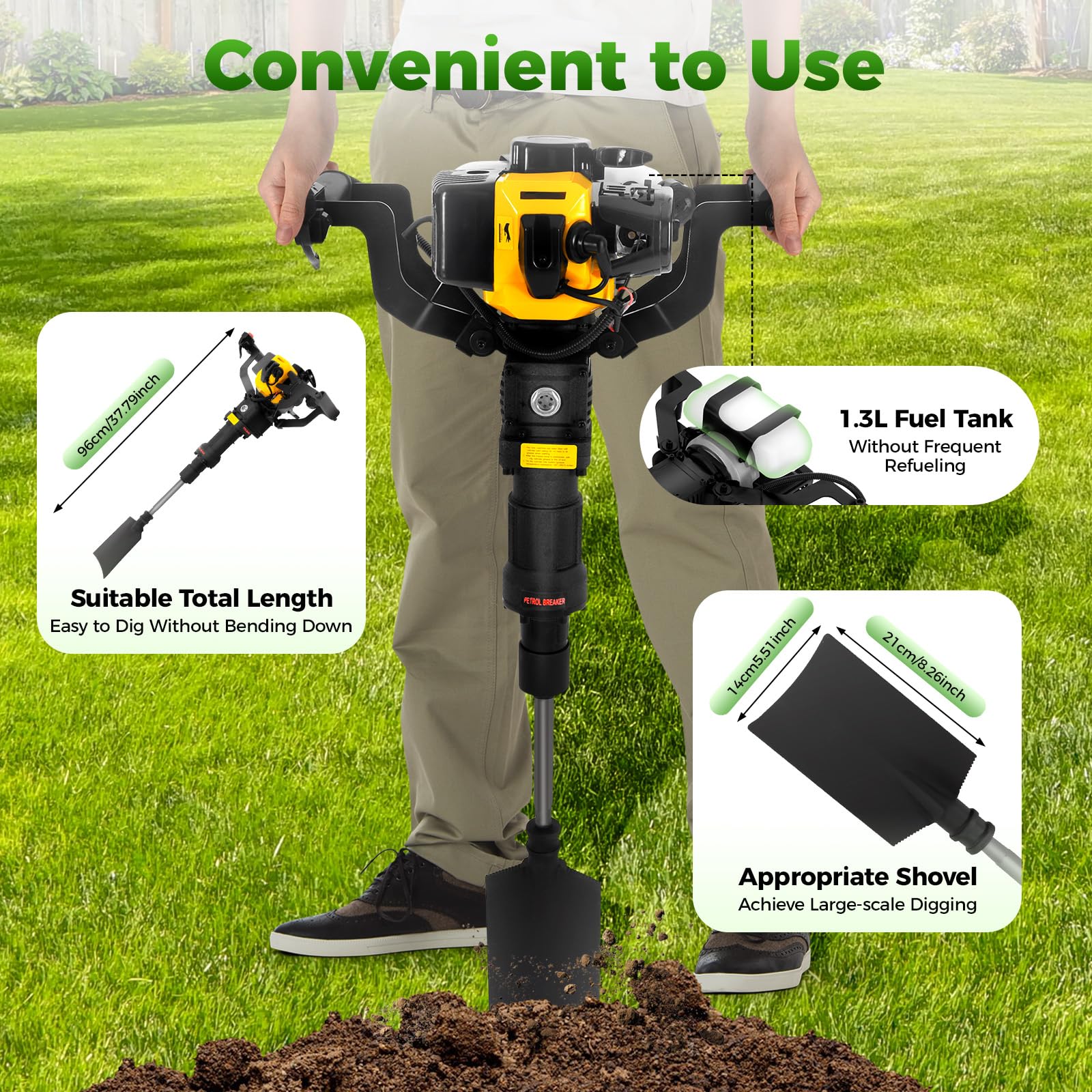 52CC 2-Takt 1900W Garten Baum Bagger, Tragbarer Benzin Handgeführte Gartenbaumgräber mit Schaufel, 15–45 J, Baumpflanzschaufel Grabenfräse, für Garten Bauernhof