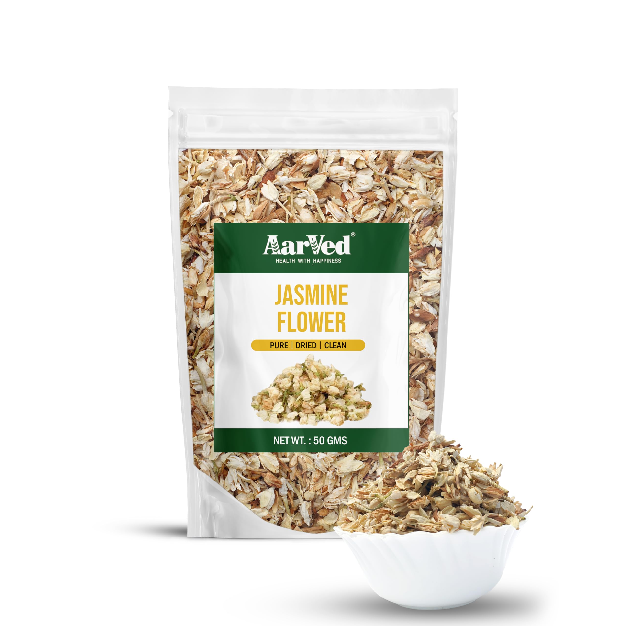 Aarved Natural Edible Dried Jasmine Flower (50g) Flower Based Herbal Tea, No Caffeine, Antioxidant - Rich Tea For Increasing Immunity, Stress Relief & Heart Health For Glowing Skin (Pack of 1)