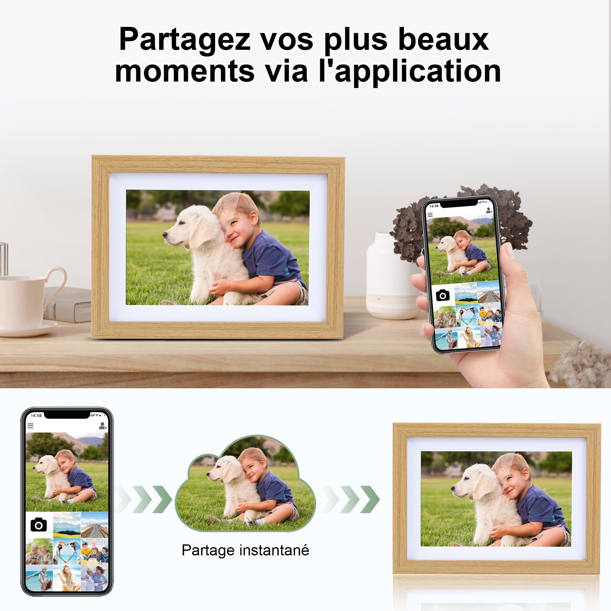 Veidoo Frameo 10 1 Pouces 32GB WiFi Cadre Photo Numérique 1280x800 HD IPS Tactile Rotation Auto Musique Horloge Partagez Photos Vidéos Via App Synchronisez Calendrier Famille(Burlywood)