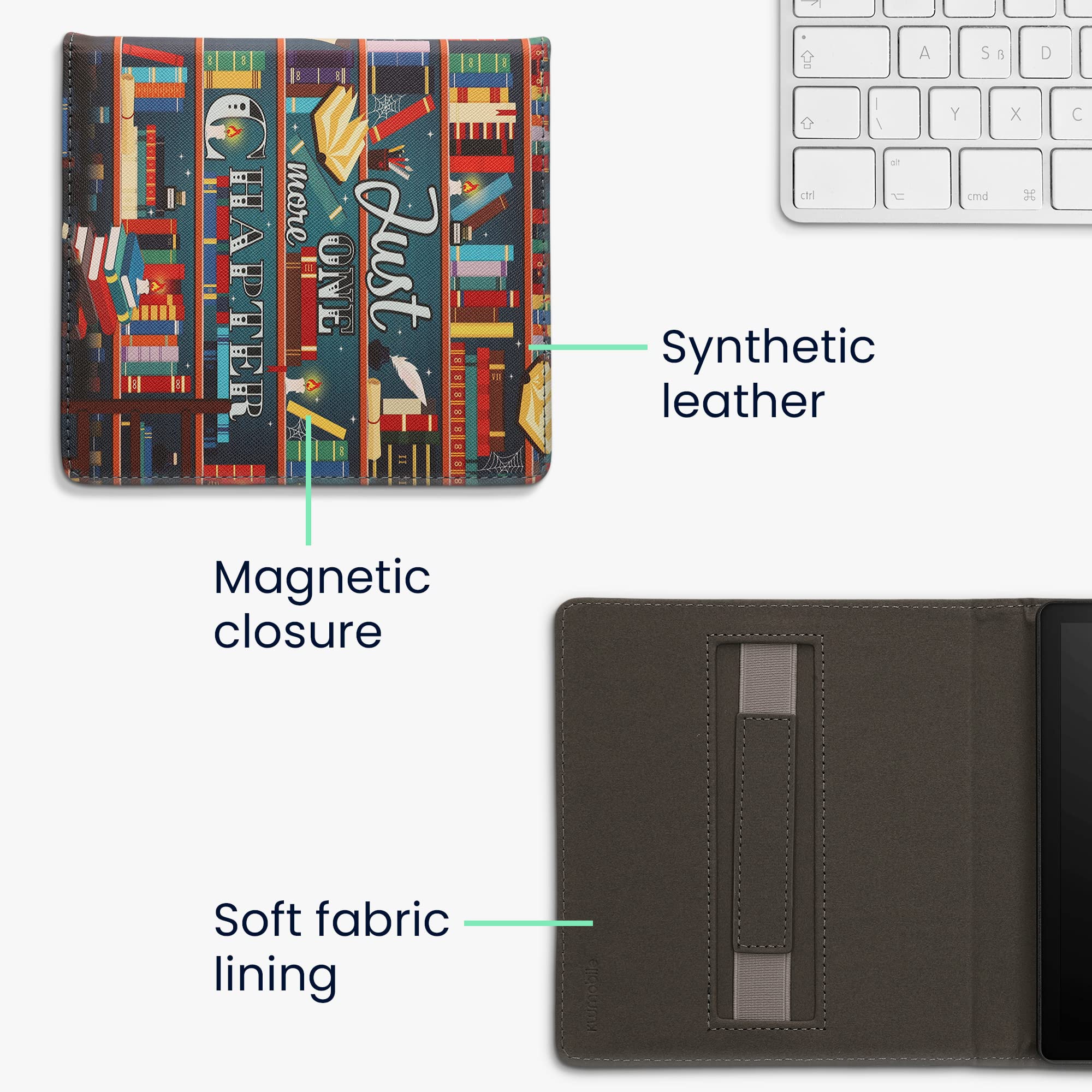 kwmobile Etui kompatybilne z Amazon Kindle Oasis 10. generacji - etui PU pokrowiec z paskiem - biblioteka Motto wielokolorowe