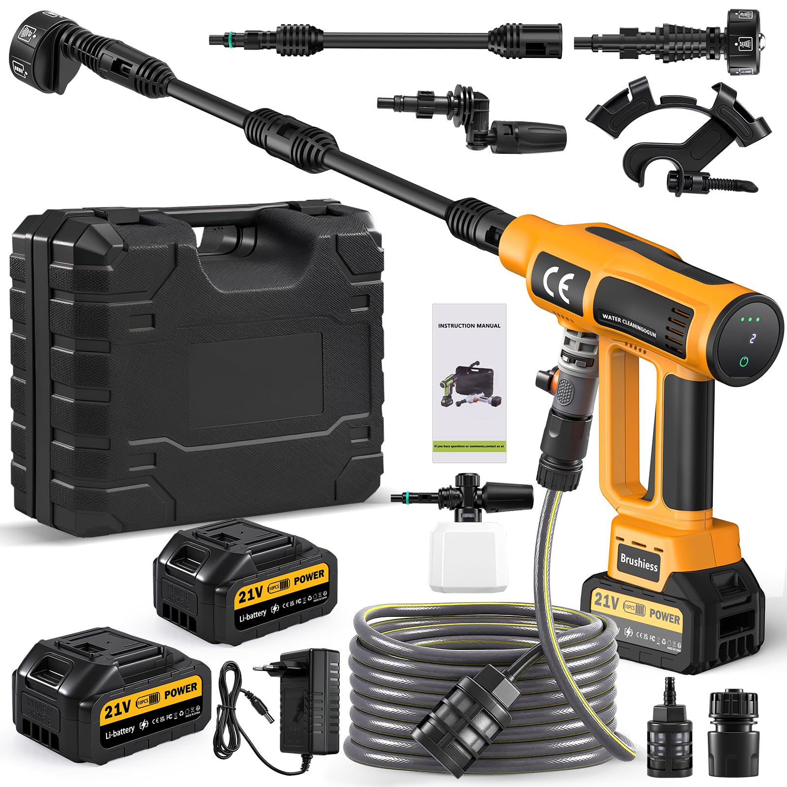 Viugreum 200 Bar Akku Hochdruckreiniger, 6-in-1-hochdruckreiniger mit akku 2 4000 mAh, 5 m Schlauch und Schaumbehälter, LED-Touchscreen, 4 Gänge einstellbar, high Pressure Cleaner für Auto, Terrasse