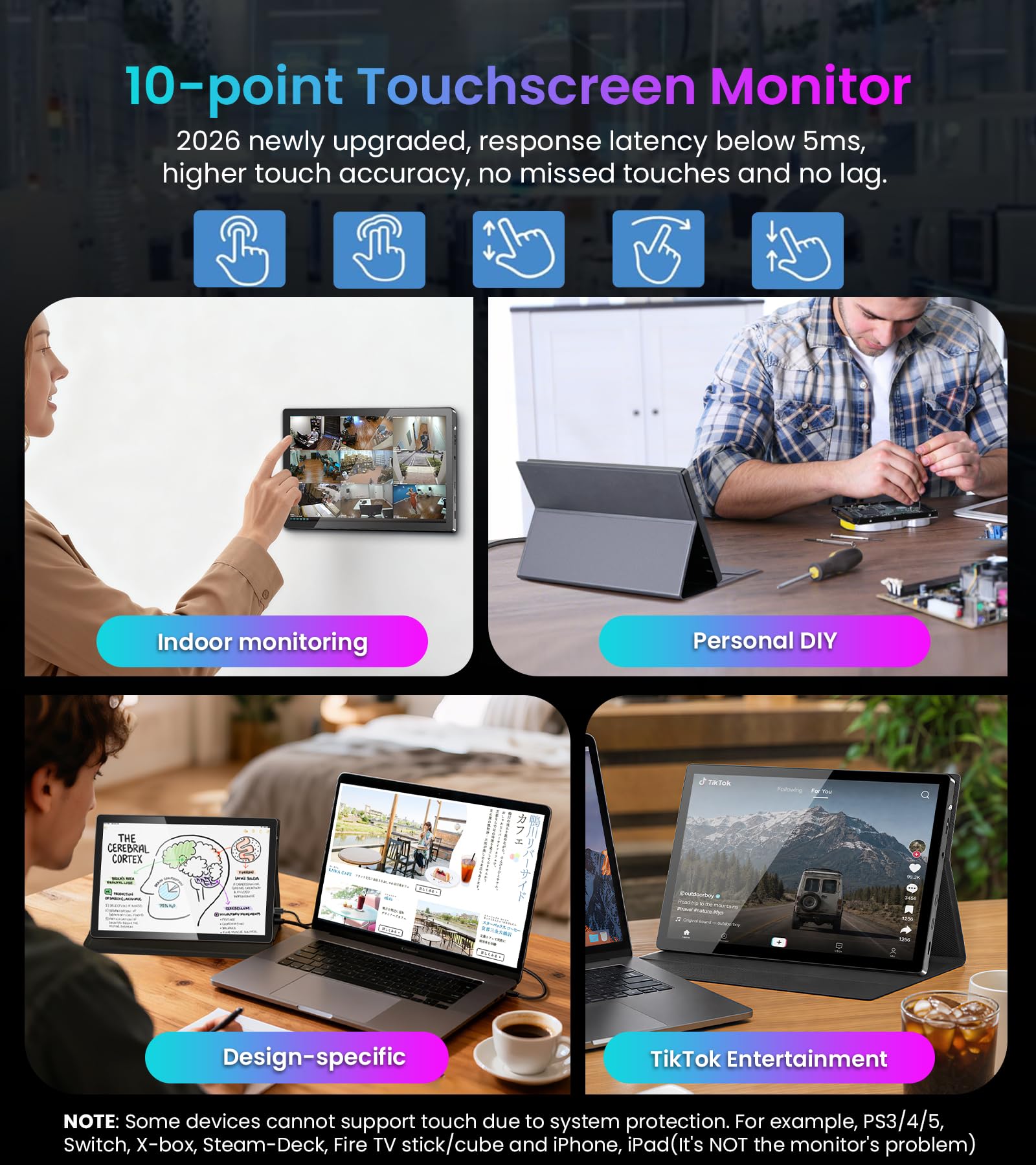 Monitor de pantalla táctil portátil 10.1 – 1920 × 1200 FHD IPS 16:10,100% sRGB 1500:1,10 puntos de diaplay táctil con altavoz HDMI USB-C VESA funda magnética para viajes, Mac, PC, Xbox, PS4/5