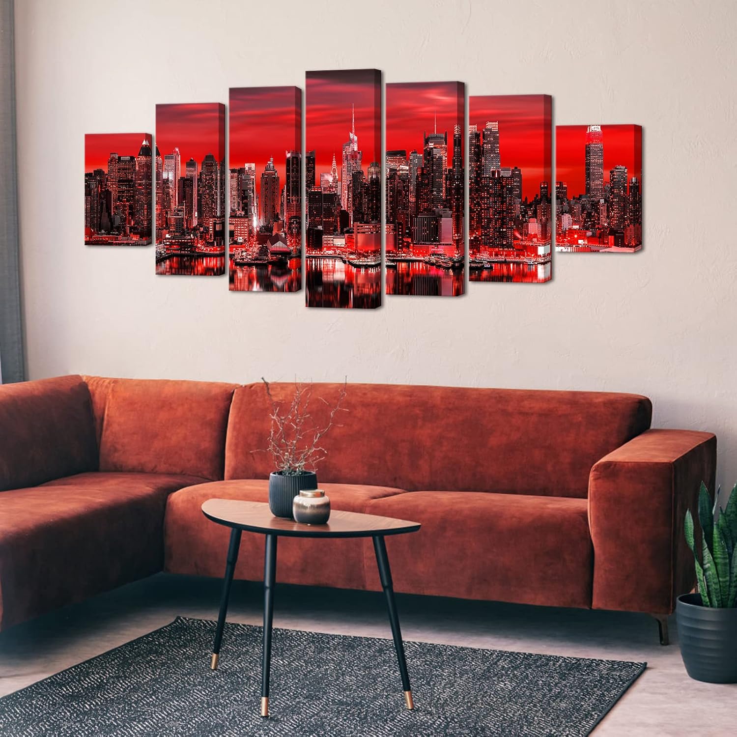 LevvArts Huge 7 Pieces New York City Canvas Wall Art Manhattan Skyline Night View Picture Painting Modern Black and Red City Poster Prints for Home Office Living Room Wall Decoration (Red)
