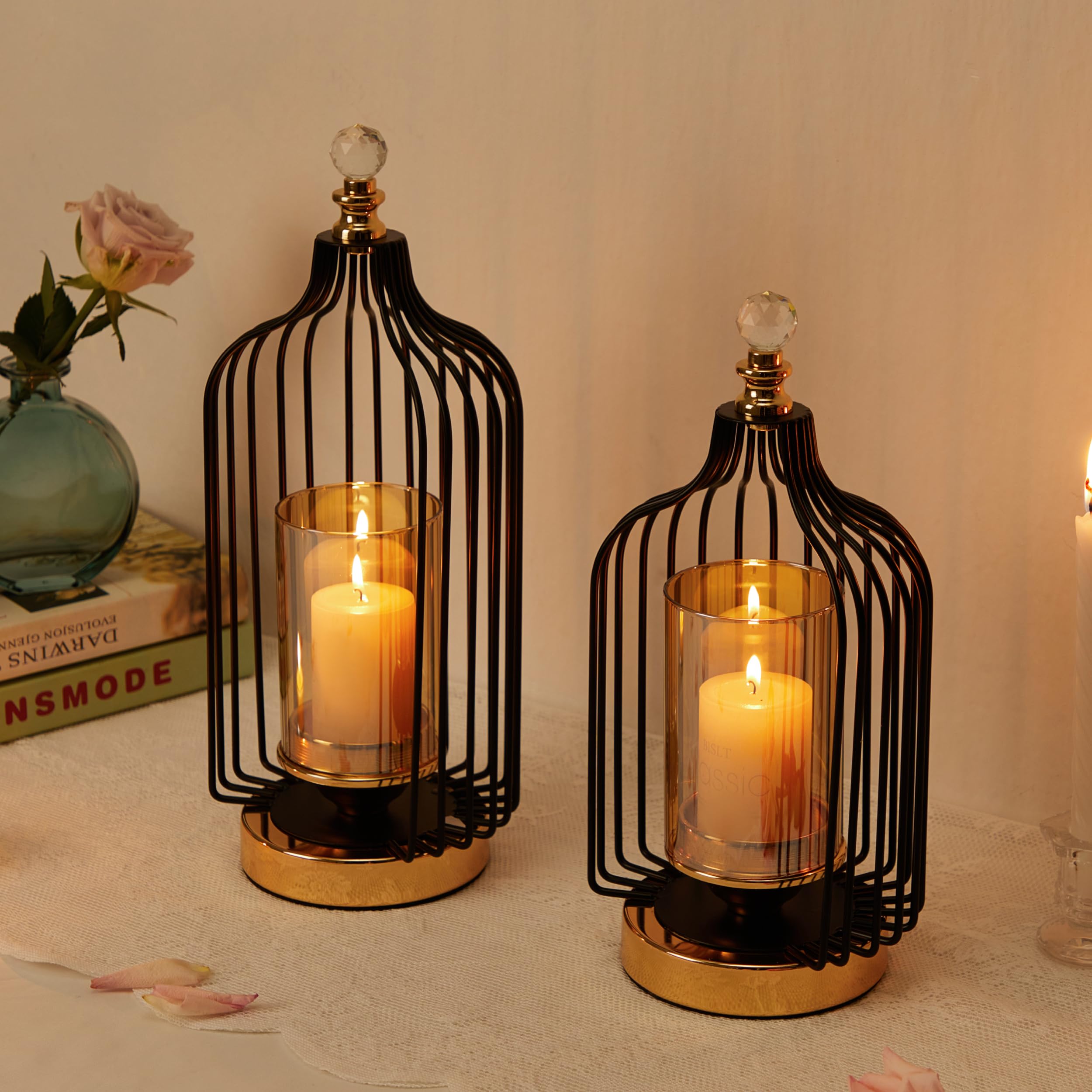 Lanterna decorativa – Portacandele Hurricane per candela pilastro, per interni ed esterni, alta e piccola, con paralume in vetro, set di 2, regalo per matrimoni, fattoria, decorazione centrotavola da