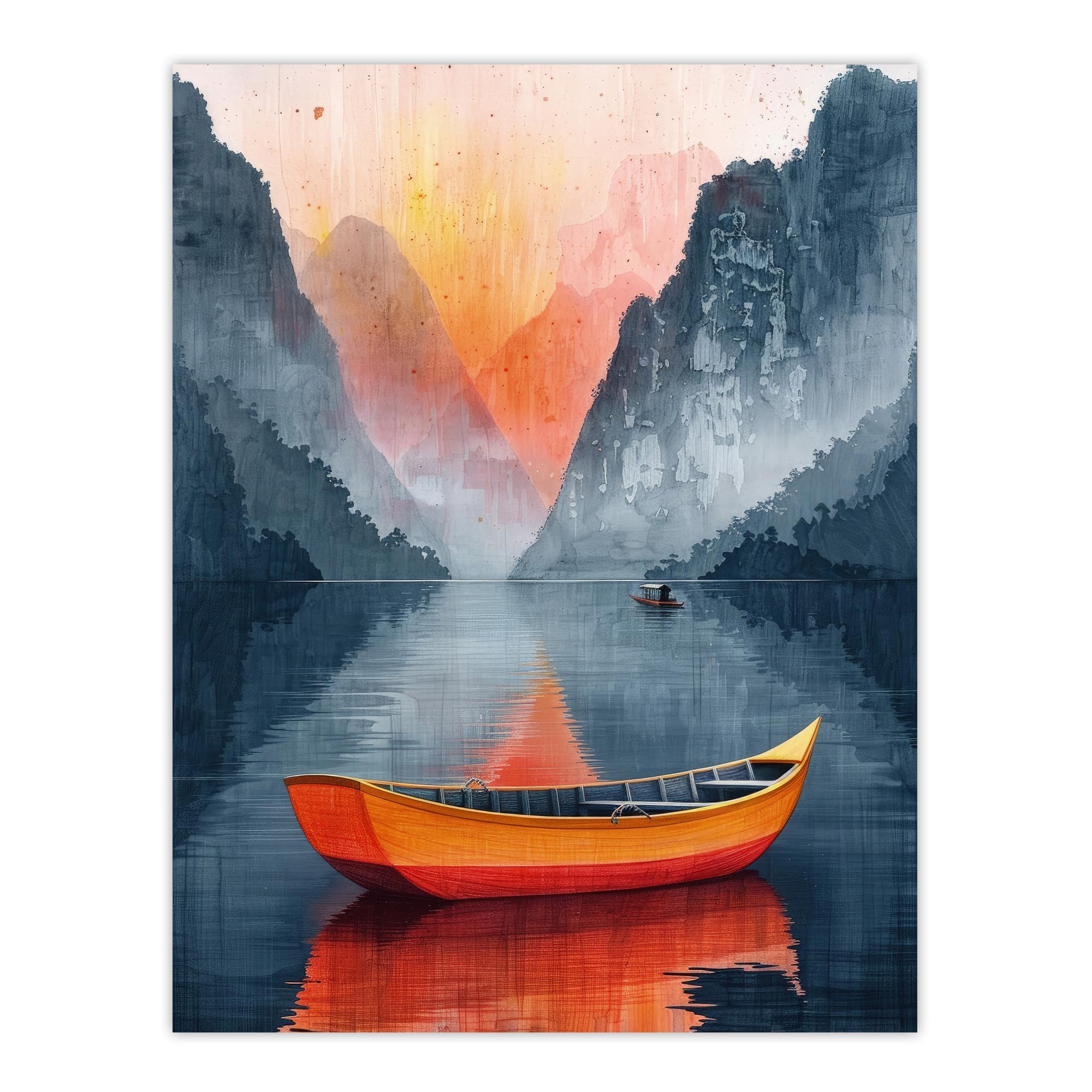 Artery8 Boat in Lake Serene Mountain Landscape Sunrise For Living Room Extra Large XL Wall Art Poster Print
