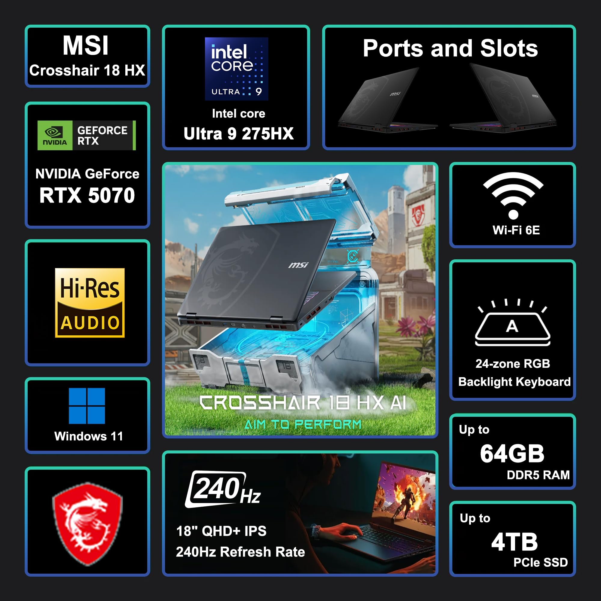 MSI Crosshair 18 HX AI Gaming Laptop 18" QHD+ 240Hz (100% DCI-P3) Intel 24-core Ultra 9 275HX (>i9-14900HX) 64GB DDR5 1TB SSD GeForce RTX 5070 (fino a 798 AI TOPS) RGB retroilluminato Thunderbolt