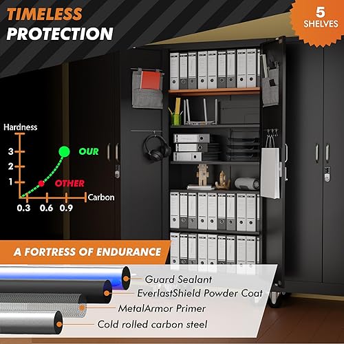 Miniatura 9 de Armario de almacenamiento de metal con ruedas, armario de almacenamiento de garaje con puertas de bloqueo, cerradura digital, altura de estante