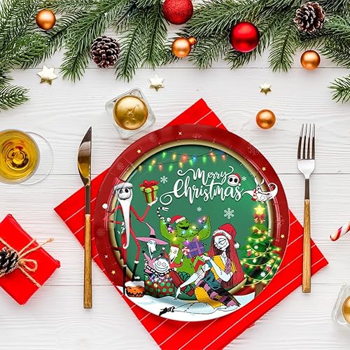 Miniatura 5 de Decoraciones de fiesta de Navidad Nightmare - 142 platos y servilletas de Feliz Navidad, platos de pesadilla de árbol de Navidad rojo y verde,
