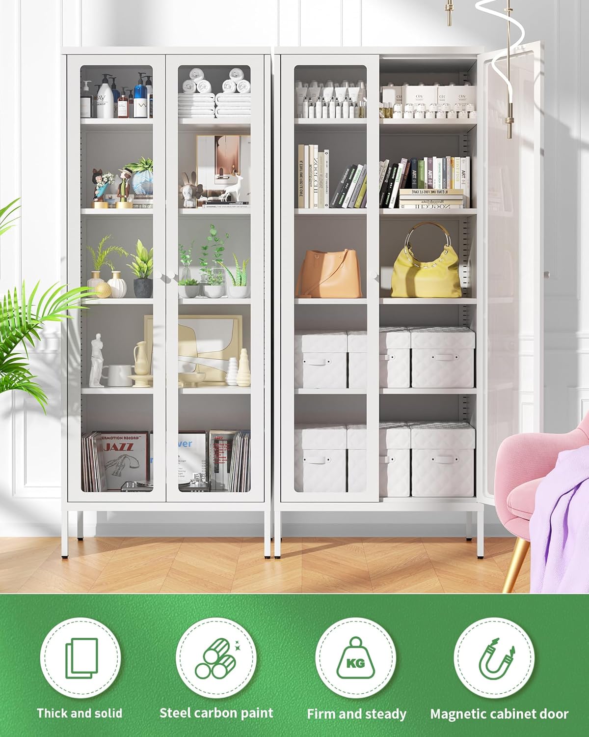 Bonusall Display Cabinet with Glass Doors,67” Metal Display Curio Cabinet with Glass Doors and 4 Adjustable Shelves for Collectibles,Home Office,Living Room,Gaming Room(White)