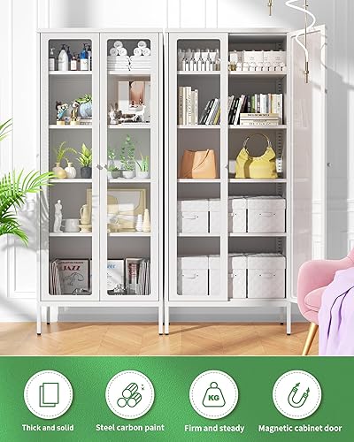 Miniatura 8 de Greenvelly Armario de almacenamiento de metal con cerradura, gabinete de almacenamiento de oficina alto blanco con 2 puertas de vidrio y estantes