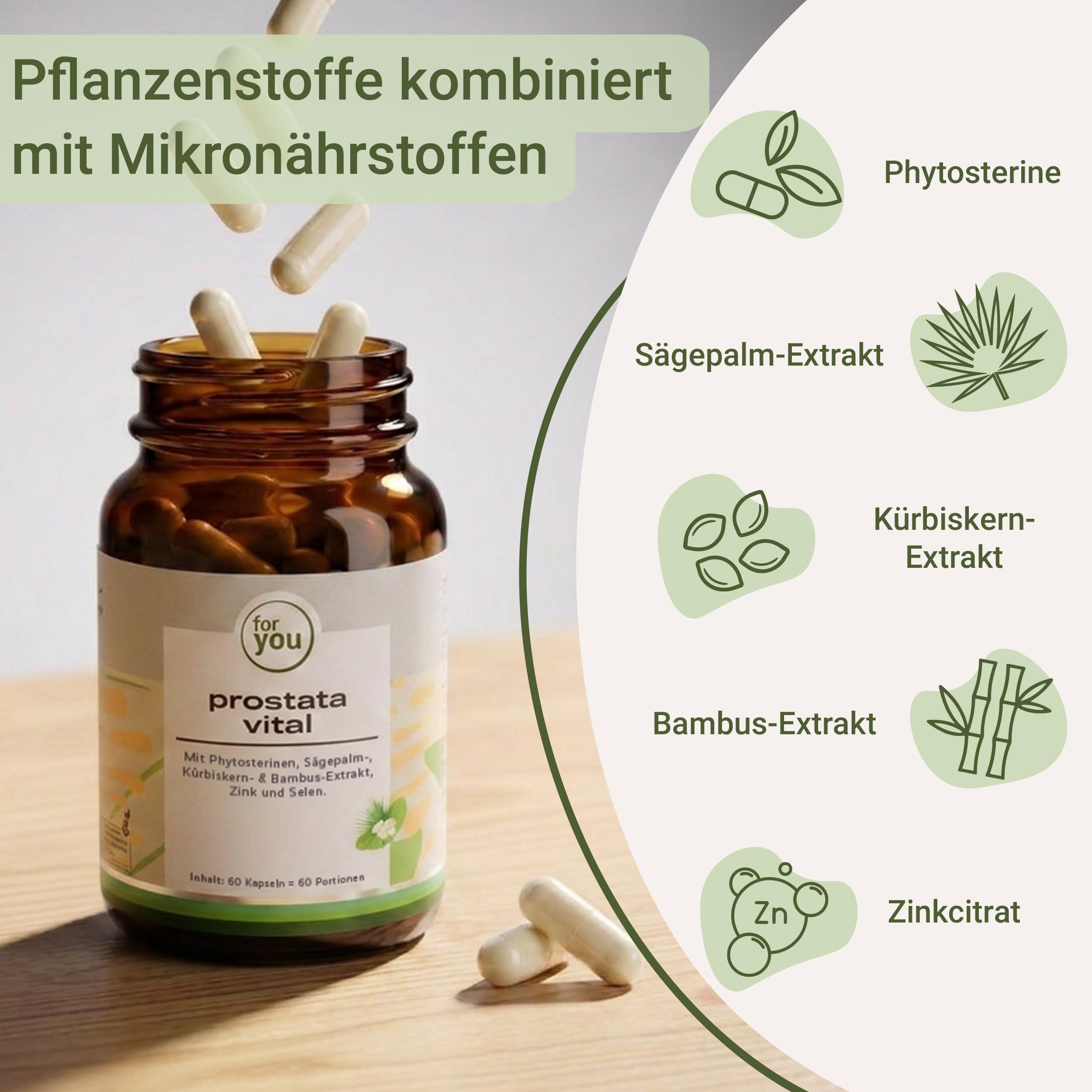 for you prostata vital 2x 60Kapseln- mit Phytosterinen, Sägepalm-, Kürbiskern- & Bambus-Extrakt, Zink, Selen - Vitalstoff-Komplex für die Unterstützung der normalen Funktion der männlichen Harnorgane