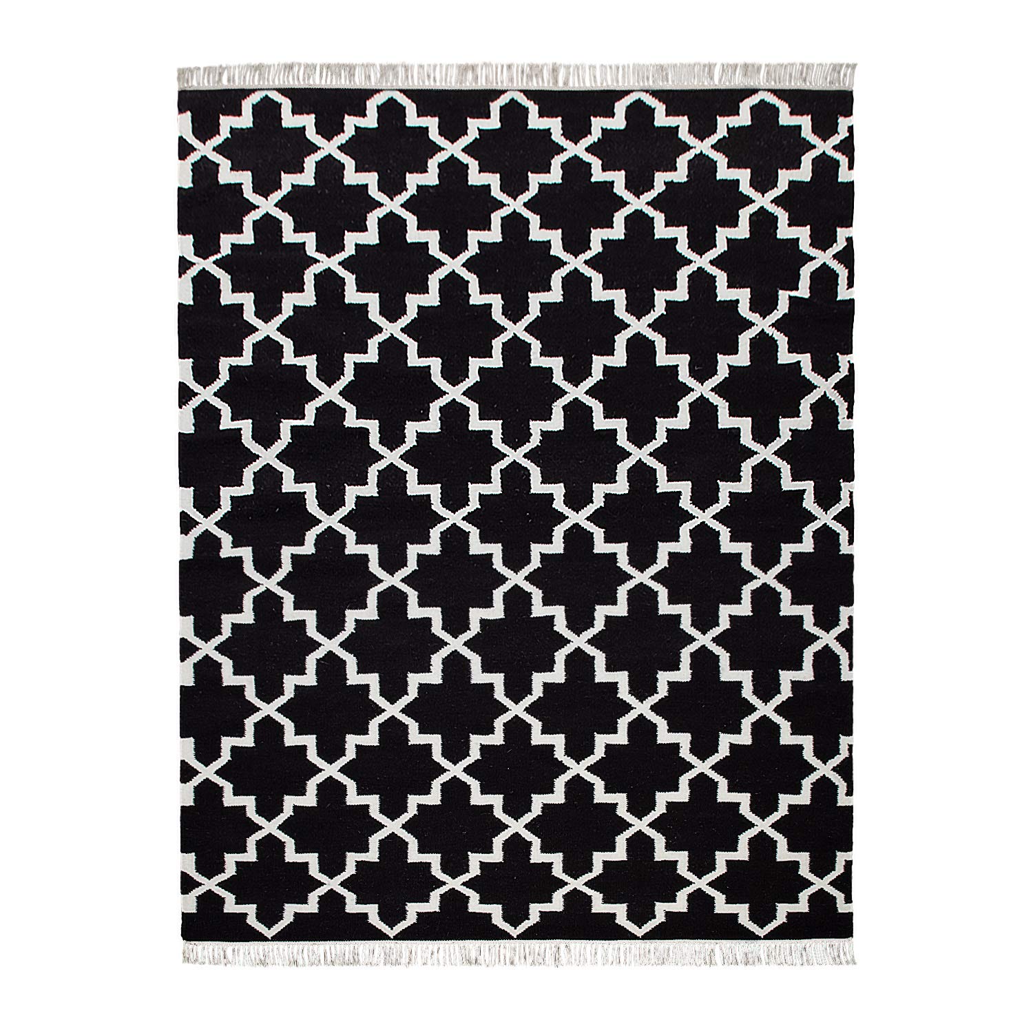 TT Home Tapis Salon Design Oriental Tissé Main avec Franges Laine Noir, Dimension:120x170 cm