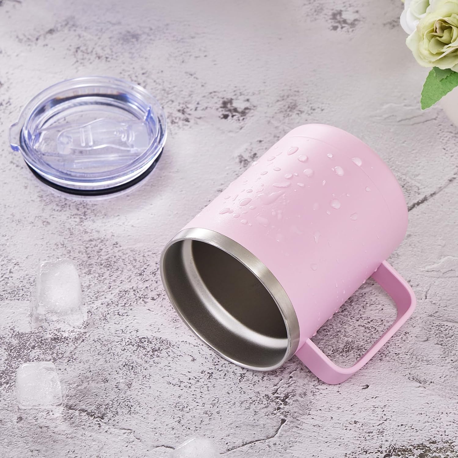 MEWAY 12oz Coffee Mug With Handle and Sliding Lid,Stainless Steel Travel Tumbler Cup with Handle,Double Wall Vacuum Insulated Camping Cup for Hot & Cold Drinks Tea (Pink,Set of 1) - Image 7