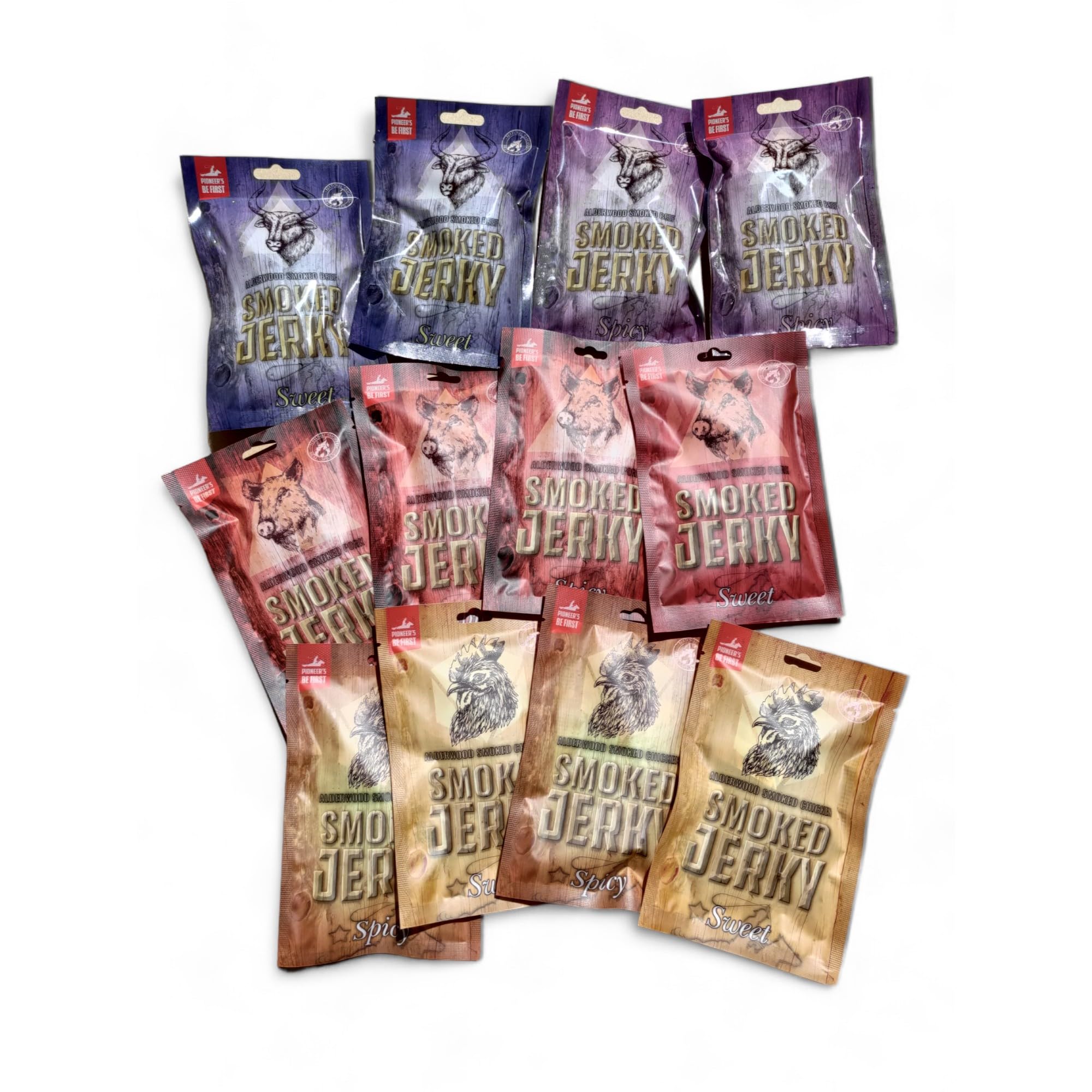 NEW BEER SNACK - Beef, Chicken & Pork Jerky Welcome Set - Protein Snack de Carne Seca - Carne de vacuno, pollo y cerdo - Merienda picante, dulce y salado - 6x2x50 g