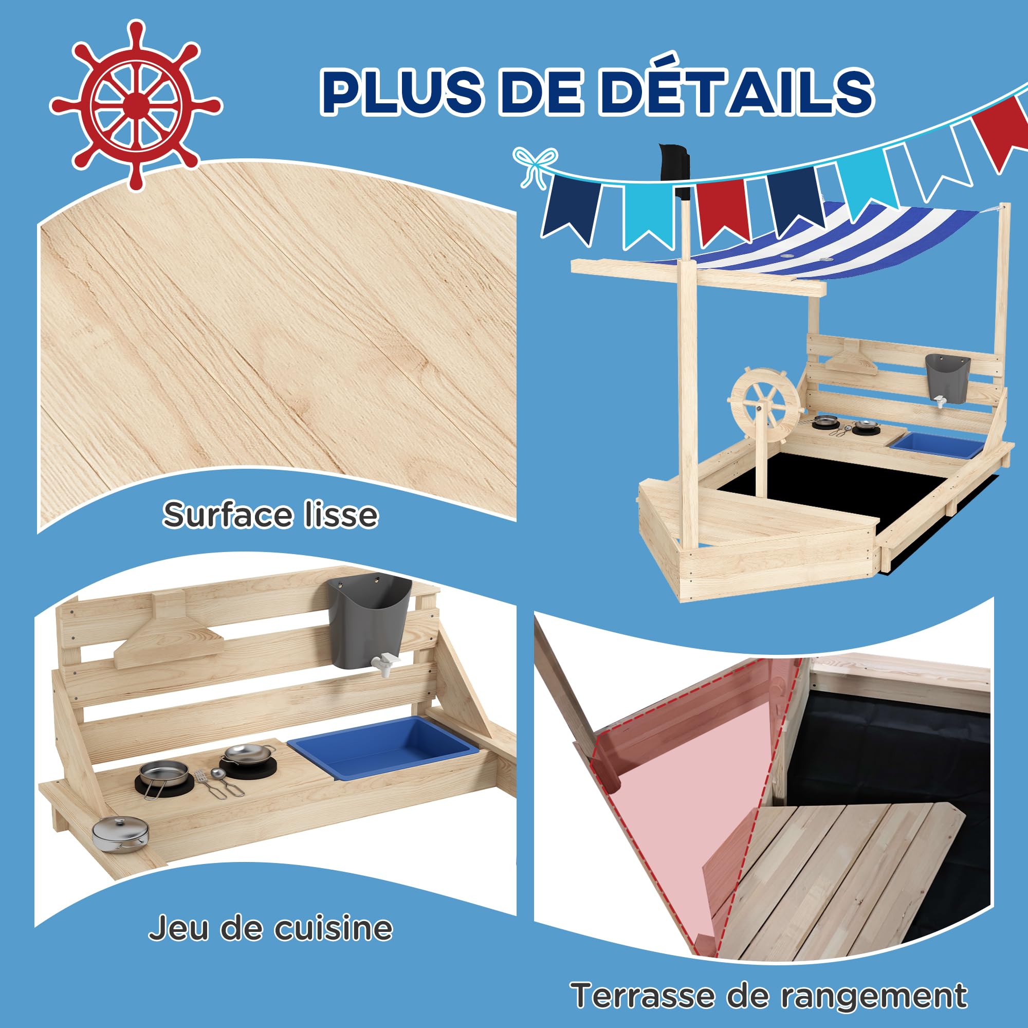 Outsunny Bac à Sable Bateau Pirate Voile d'ombrage 180 x 103 x 144,5 cm | jeu de cuisine, 6 accessoires, coffre rangement, gouvernail, drapeau, en bois, naturel