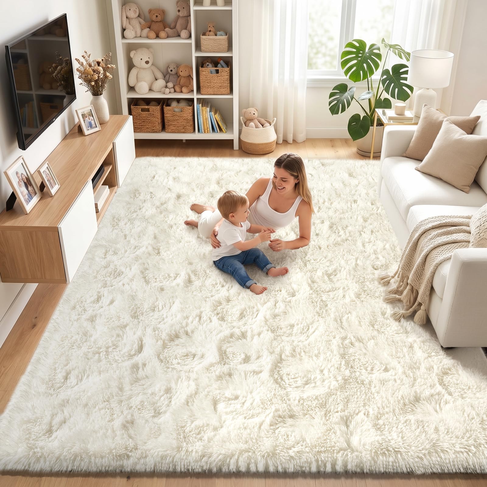 Hochflor Teppich Wohnzimmer Groß 160x230cm Flauschig Creme | Anti-Rutsch Unterseite Weich Teppiche Waschbarer Modern Shag Carpet Matte für Kinderzimmer Schlafzimmer
