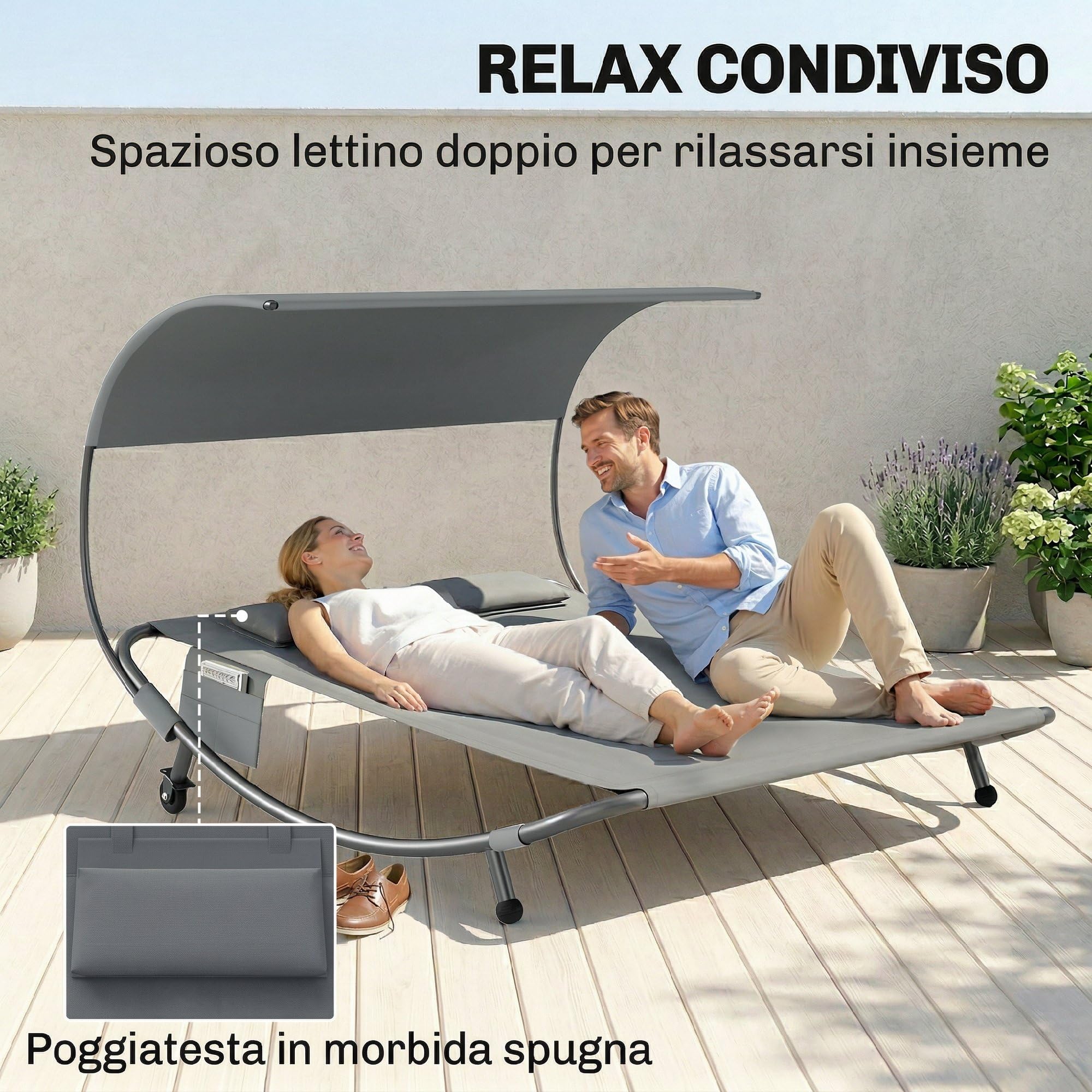 Outsunny Tumbona doble de jardín con techo extraíble, tumbona de jardín de 2 plazas de textil con ruedas, 2 cojines, bolsillos, estructura de acero, para terraza y piscina, máx. 240 kg, gris