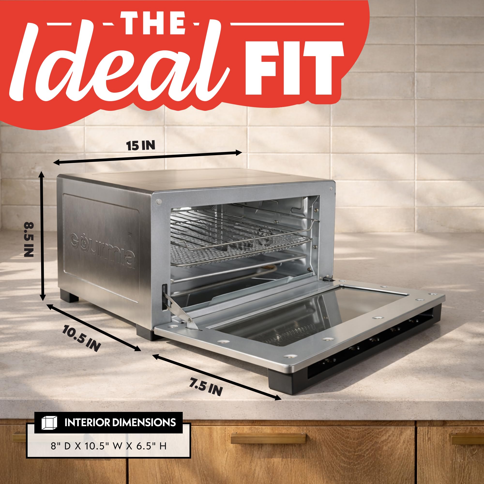 Gourmia Toaster Oven Digital Air Fryer - Convection Mode with 4 Slice Capacity, 3 Rack Positions, 12 Presets, Toast, Bagel, Bake, Roast, Broil, Dehydrate, Popcorn, Fits 9" Pizza, Stainless Steel — view 8