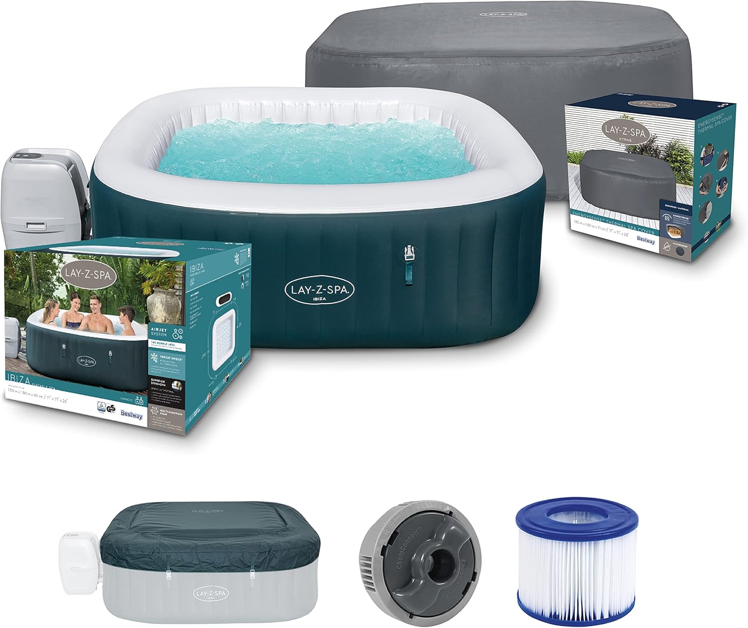 Bestway LayZSPA AirJet™ Hot Tub, 180 x 180 x 66 cm, 46 People, Square, Petrol Blue