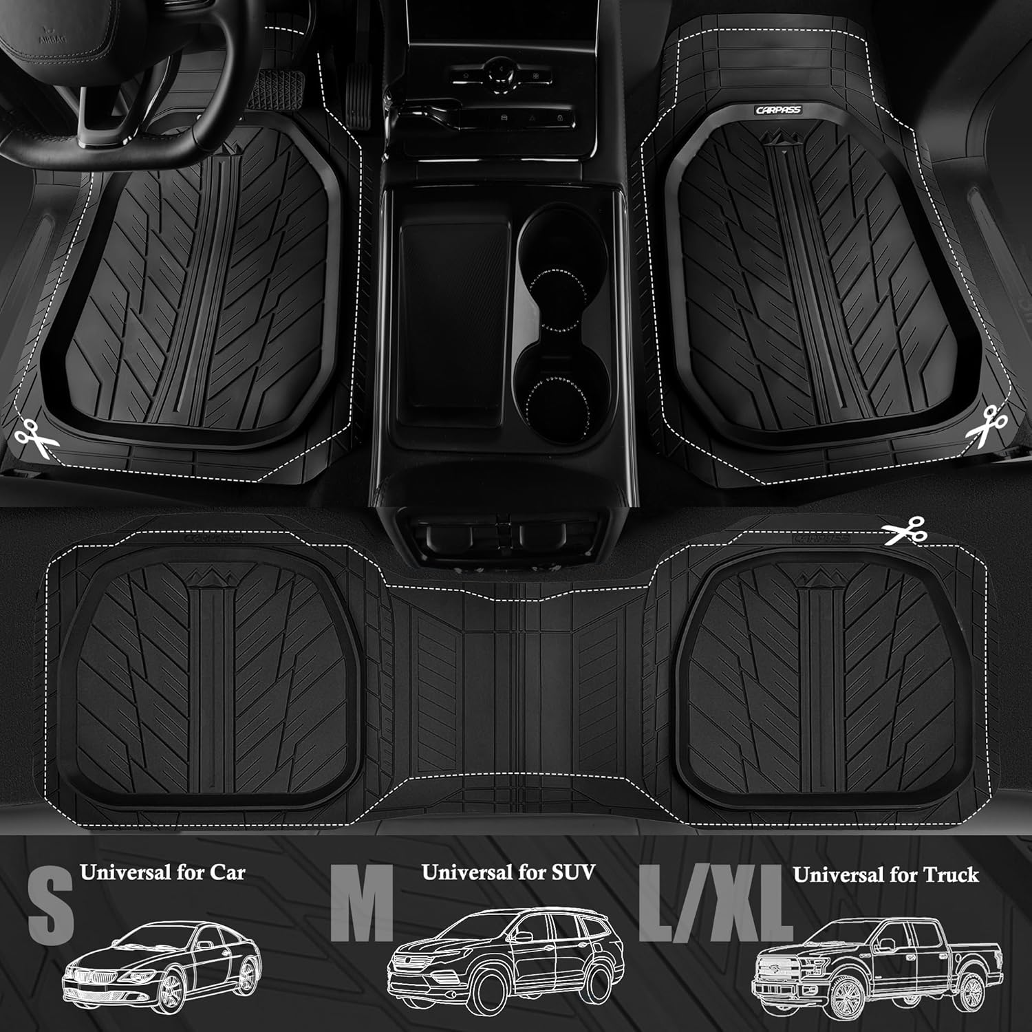 CAR PASS Deep Dish Floor Mats for Cars, Heavy Duty Rubber Floor Mats with Trunk Cargo Liner, Universal Trim-to Fit Automotive Floor mats for Truck Van SUV Waterproof All Weather Car Mats Solid Black - Image 5