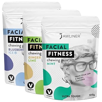 Jawliner Fitness Chewing Gum 15X Harder Jawline Gum Sugar Free Mint, Ginger Lime and Blueberry Ice Jaw Gum Includes 12 Weeks Coaching Jawline Exerciser for Shaping the Jaw 6 Months Pack of 3 Flavor
