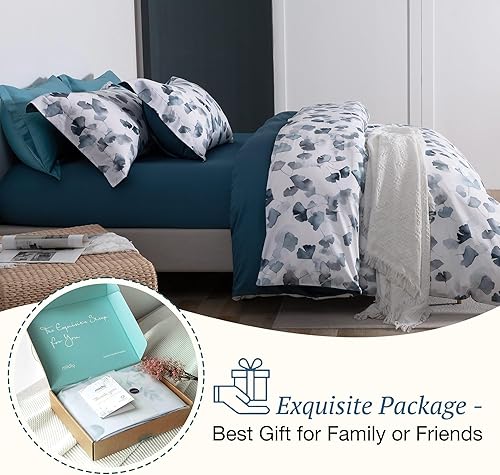 Miniatura 6 de MILDLY Juego de funda de edredón 100% algodón egipcio, estampado de hojas de ginkgo azul marino, diseño único, reversible, tamaño Queen (1 funda de