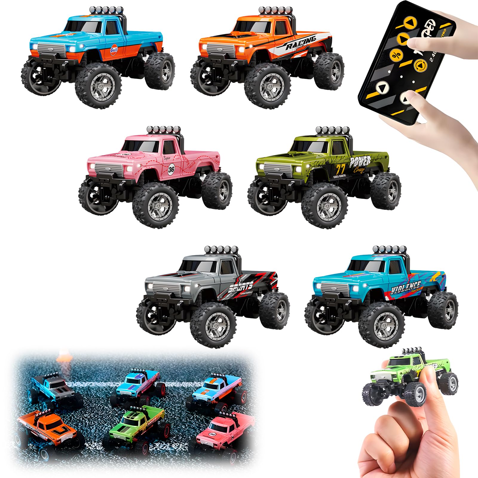 Miniaturowy Zdalnie Sterowany Monster Truck, Skala 1:64 Monster Truck Zdalnie Sterowany Samochód Ze światłami, 2,4 Ghz Zdalne Sterowanie, Mini Alloy Monster Truck Rc (6PCS)