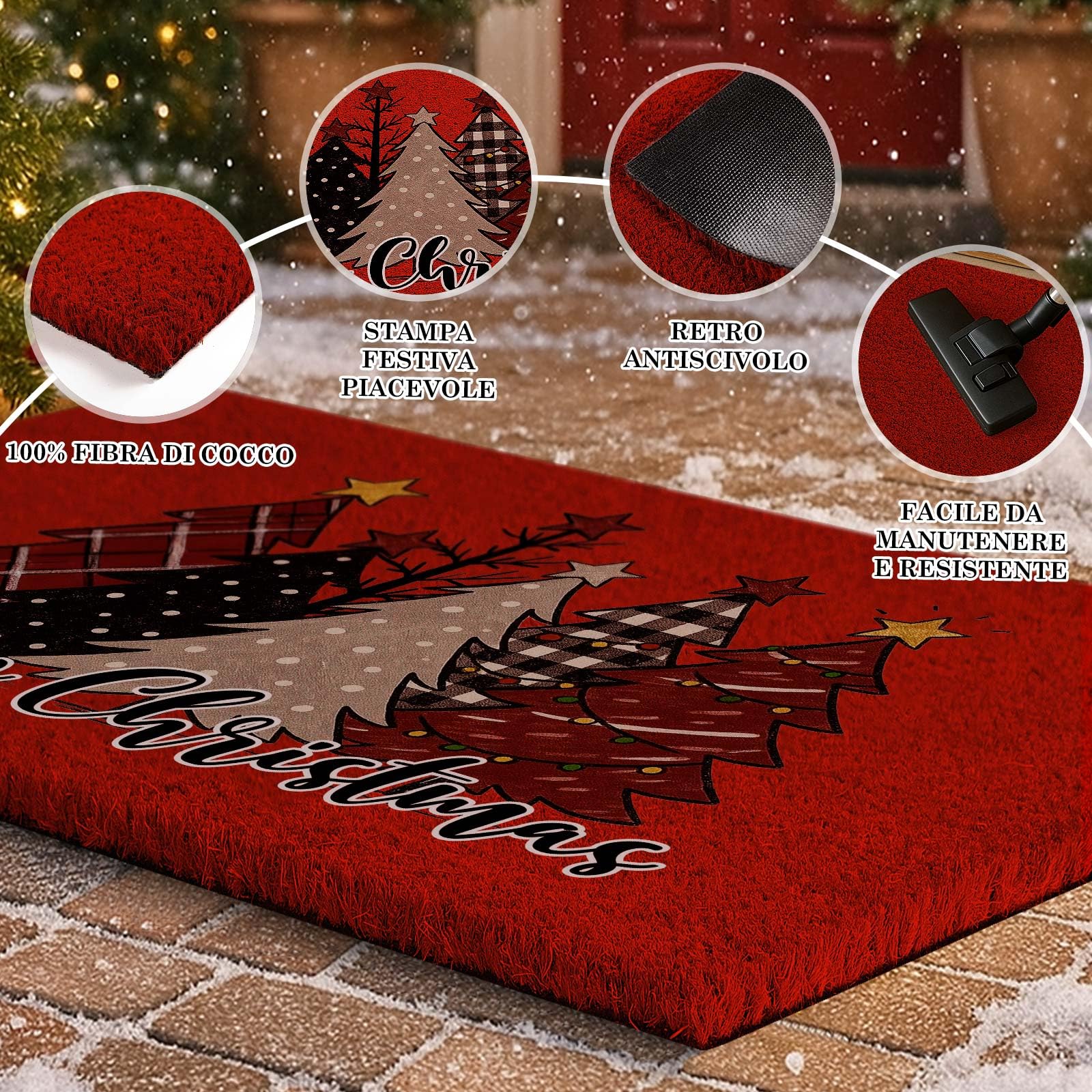 Lanpn 42x75cm Zerbino cocco Natale, Foresta Albero di Natale Antiscivolo Gomma Naturale Tappeto Porta Ingresso Esterno Esterni Tappeto Antiscivolo Zerbino Ingresso per decorazioni natalizie (Rosso)