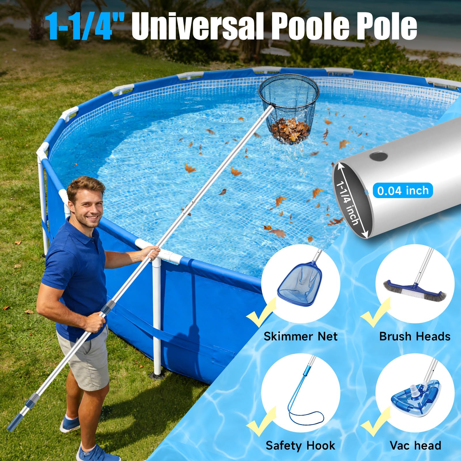 Bâton télescopique professionnel de 3,7 m en aluminium pour piscine – Attachez des filets d'écumoire, des râteaux, des brosses/2