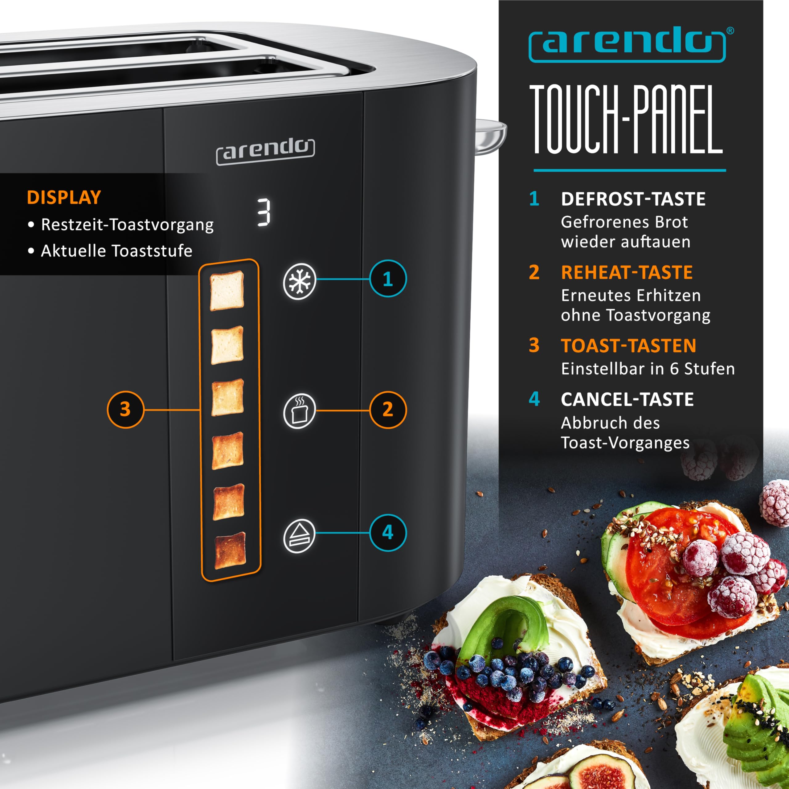 Arendo - Edelstahl Toaster 4 Scheiben Langschlitz - Touchscreen – Doppelwandgehäuse – 1500 W – Integrierter Brötchenaufsatz – 6 Bräunungsgrade – Brotzentrierung – Restzeitanzeige – Memoryfunktion