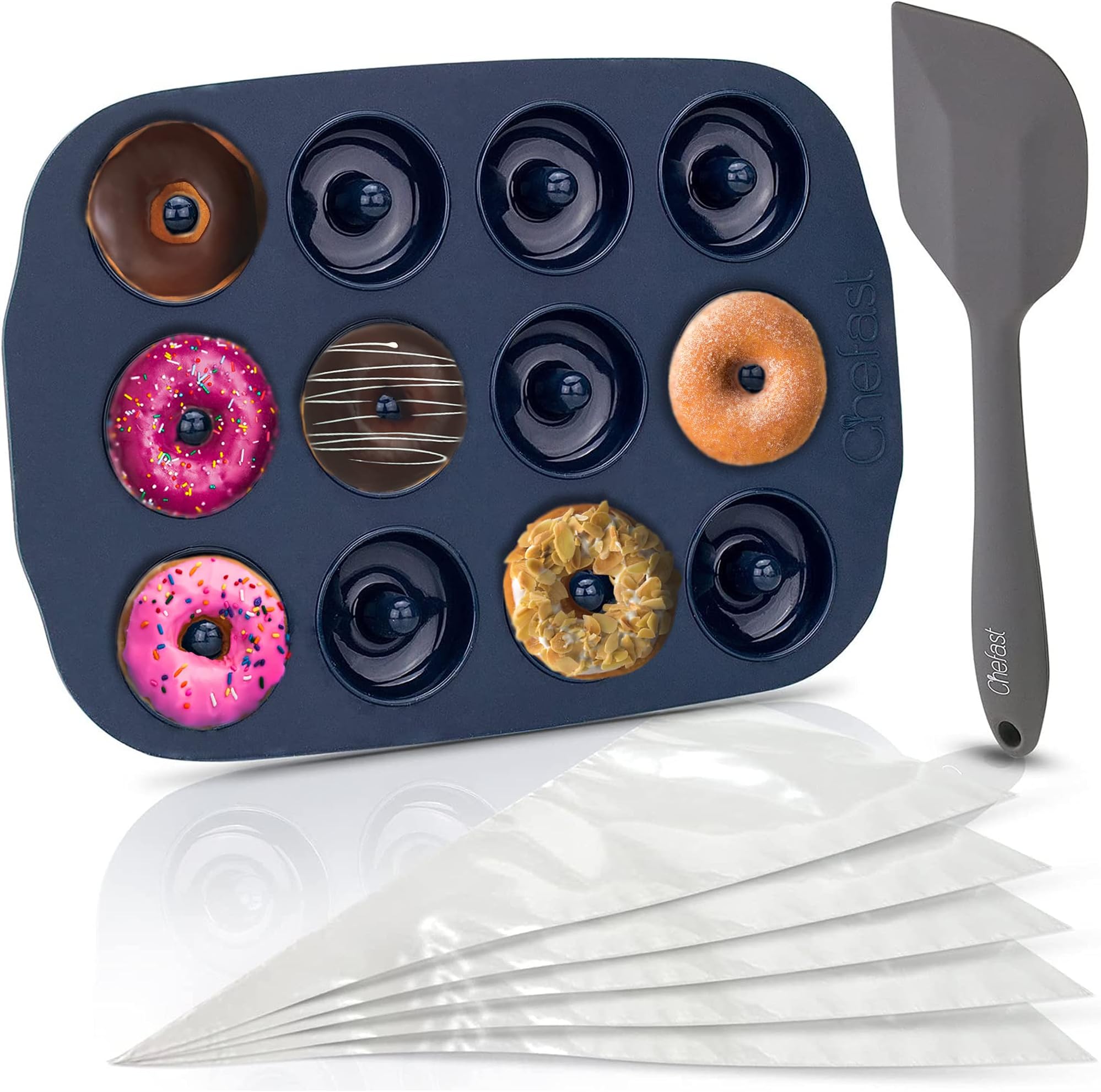 Silicone Donut Pan Kit - 12 Hole Non-Stick Doughnut Molds, 5 Pastry Bags, and Spatula - Freezer, Oven, and Dishwasher-Safe, Reusable Mold Tray For 9 Full-Size Donuts and Bagels