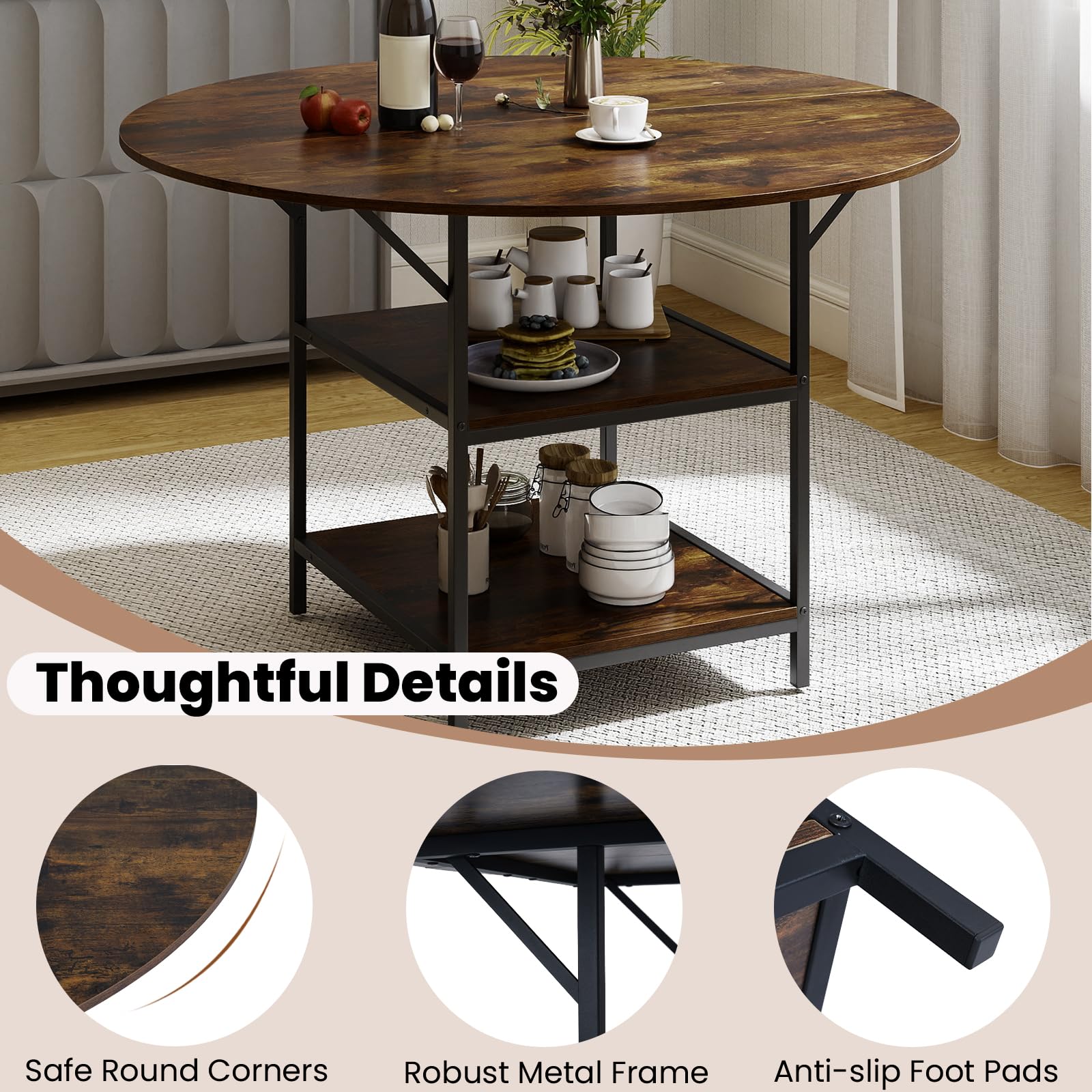 LIFEZEAL Tavolo da pranzo rotondo moderno, 120 cm, tavolo da cucina con ripiano portaoggetti a 2 livelli per 4-6 persone, robusto telaio in metallo per casa, soggiorno e ristorante (caffè)