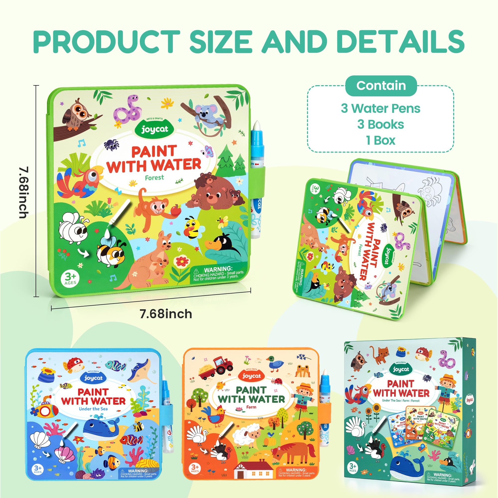 JoyCat Wassermalbuch für Kinder (3er-Pack): Ozean, Bauernhof, Wald | Wiederverwendbares Magisches Malbuch mit Wasserstift, Malen ohne Flecken, Faltbares EVA Aktivitätsbuch für Kinder ab 3 Jahren