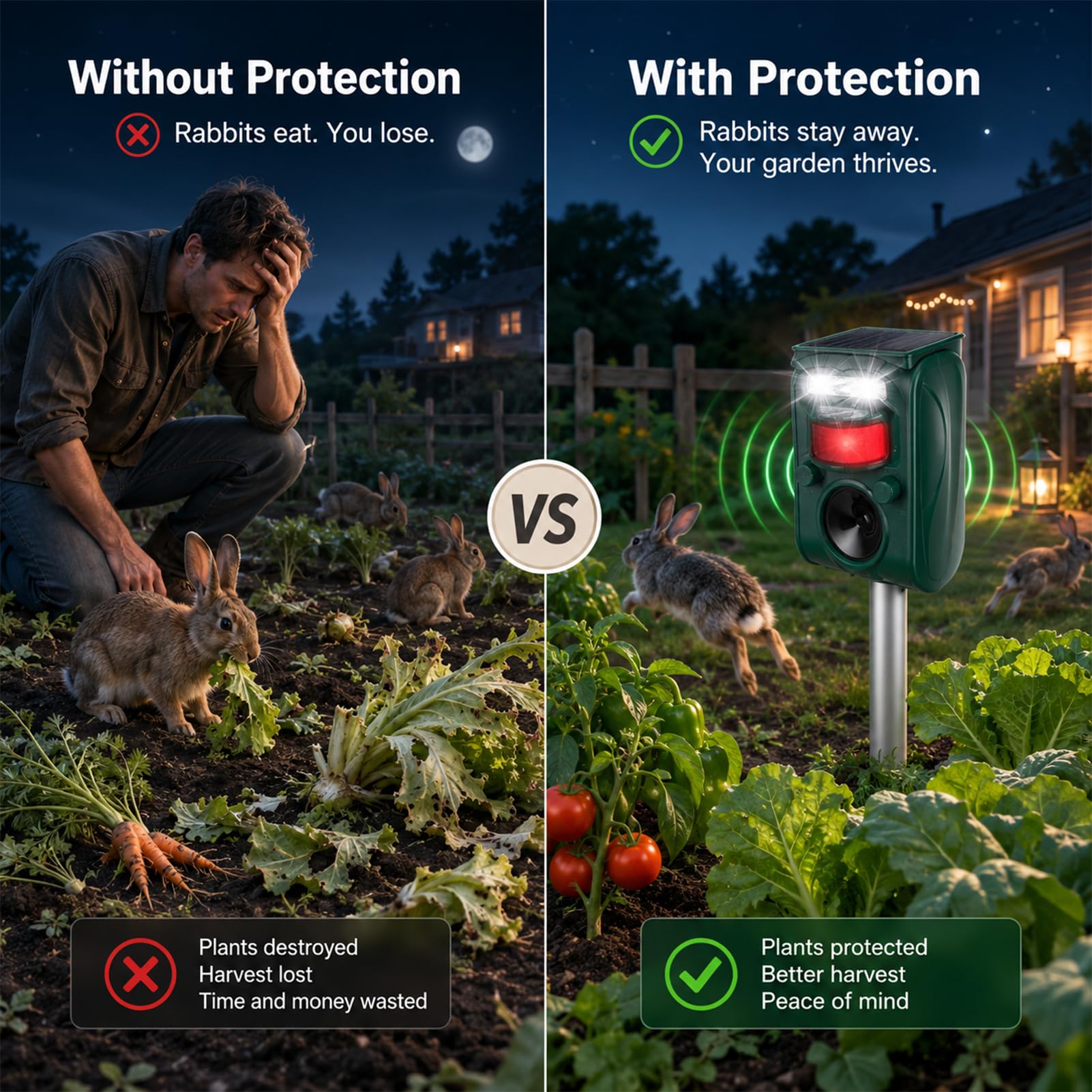 Repelente solar ultrasónico de animales al aire libre, dispositivos repelentes de ardillas y ciervos, detección de movimiento, IP65, impermeable, para gatos, ratones, mapaches, perros, pájaros