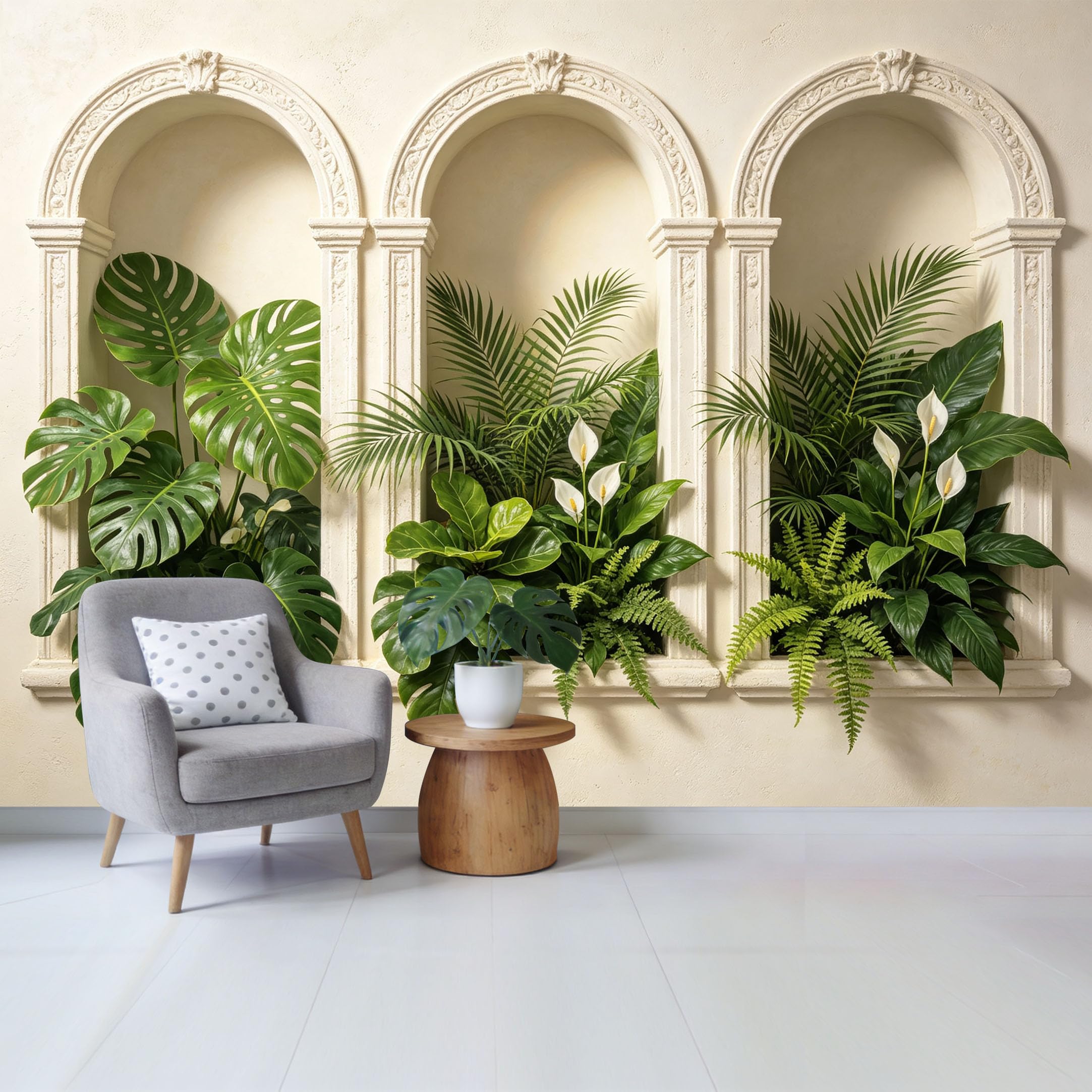 Custom Size Wall Mural Botanical Tropical Green Leaves White Arched Window 3D Effect Removable Self Adhesive Fabric Home Wall Decor for Living Room Bedroom Bathroom