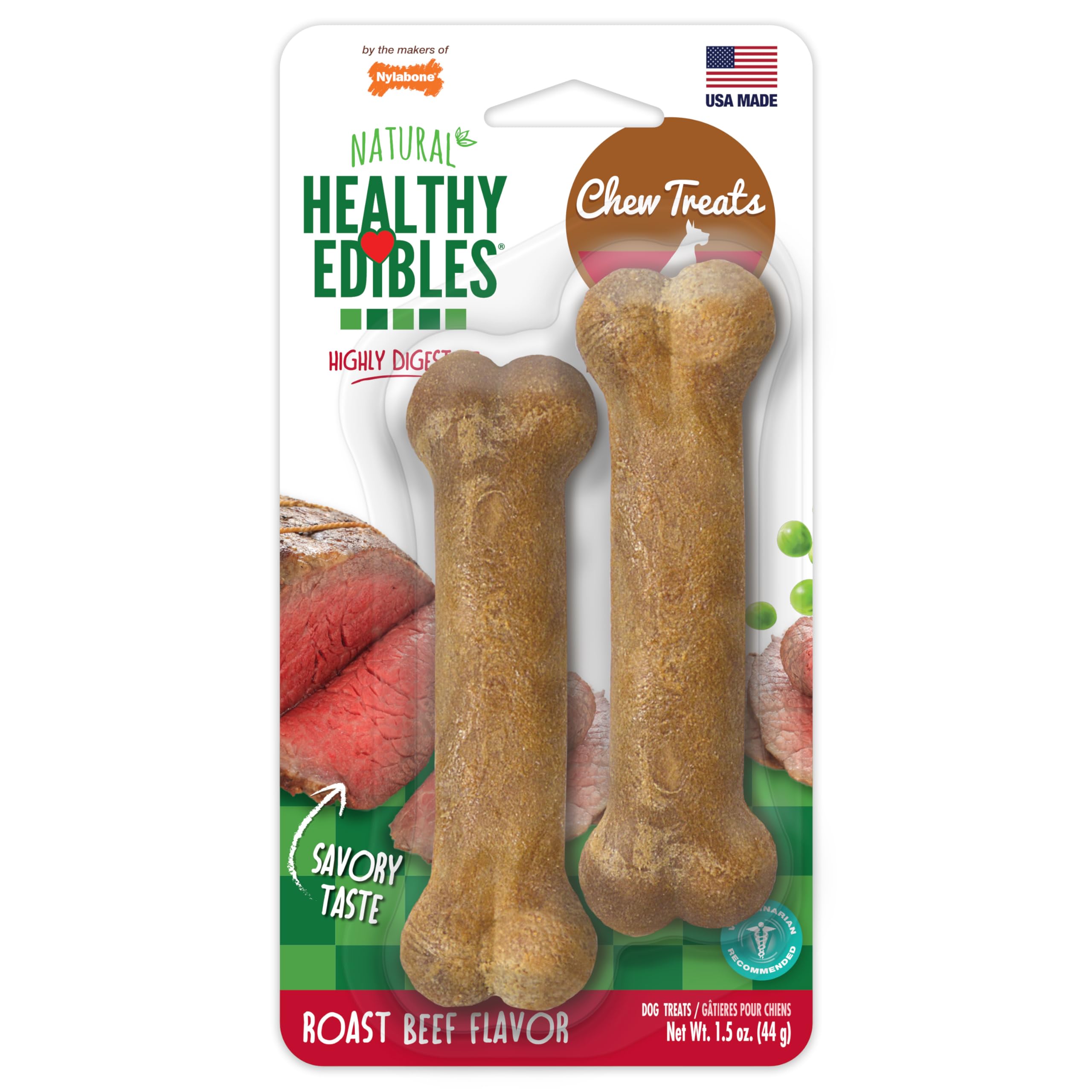 Nylabone Healthy Edibles Natural Dog Chews, Long Lasting Bones for Dogs, Roast Beef Flavor Dog Treats, X-Small (2 Count)