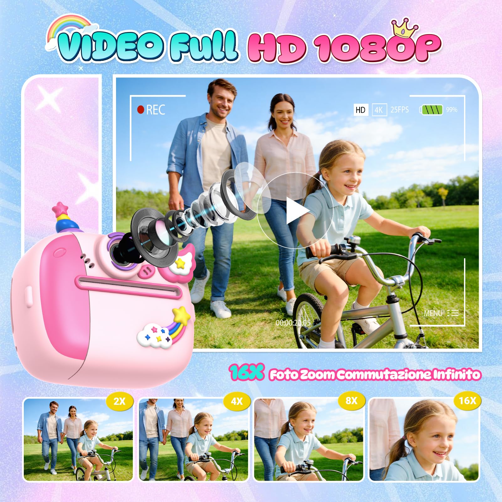 Wootoyz Macchina Fotografica Bambini Istantanea, Unicorno Regalo Bambina 3-12 Anni Fotocamera Digitale con Unicorno Giocattoli Bambina 4-10 Anni Femmina Giochi Regalo di Pasqua 48MP 1080P
