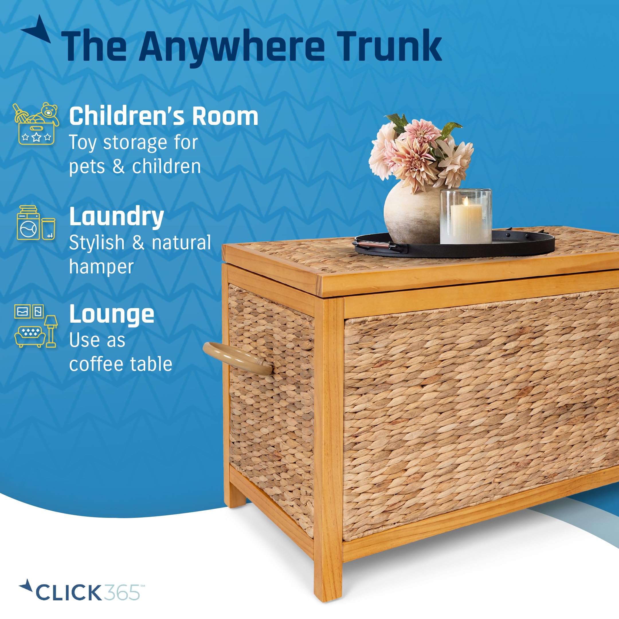 ClickDecor Wilson Baúl de mimbre, estilo granja, jacinto de agua tejido a mano, marco de madera de acacia, asas de metal, cesta de almacenamiento grande de 30 pulgadas de ancho con tapa para sala de