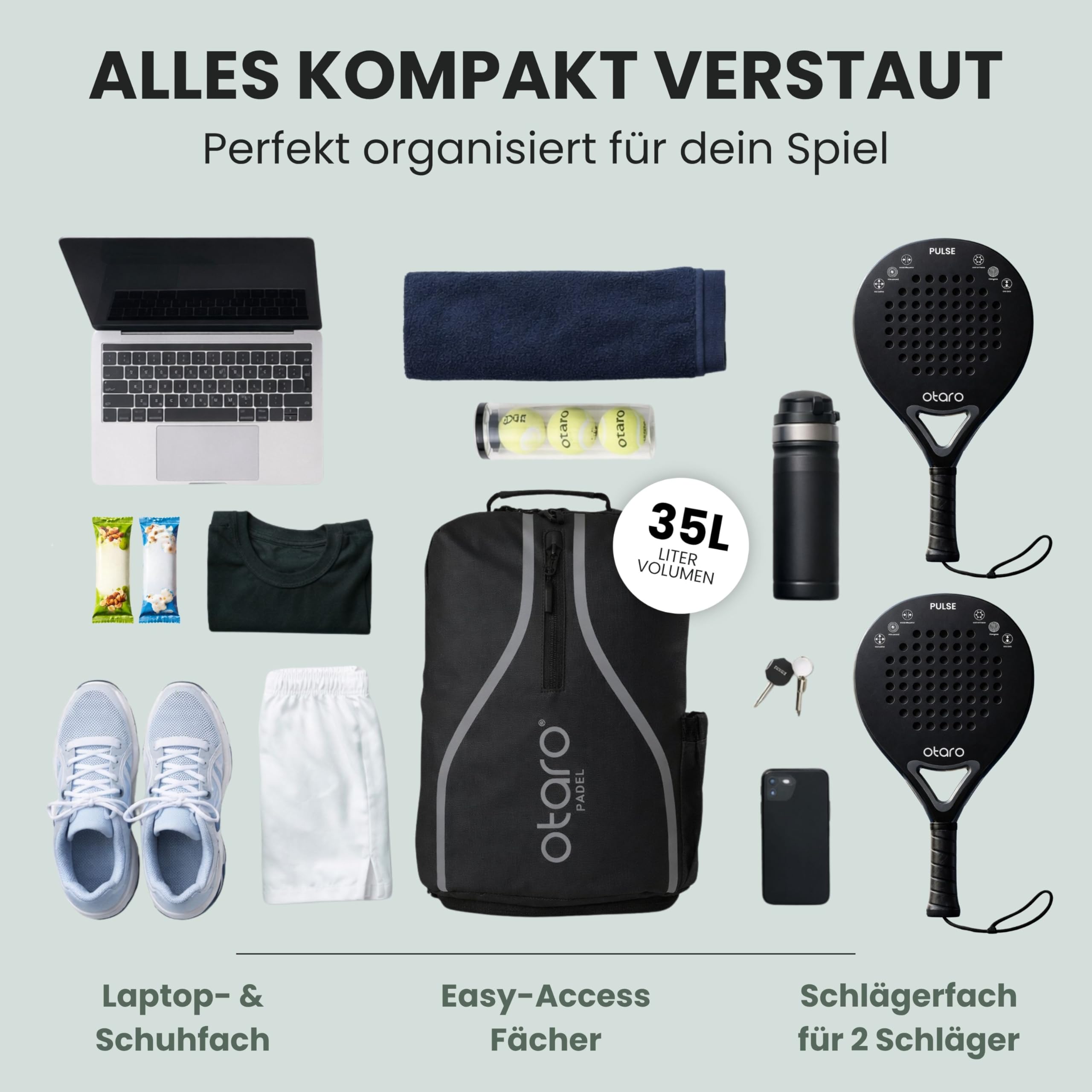 Otaro Padel Rucksack mit Schuhfach, Schlägerfach & Laptopfach | 35L | Padel Tasche für 2 Schläger, Kleidung & Zubehör | Belüftet, Gepolstert & Stylisch | Tennistasche für Herren & Damen
