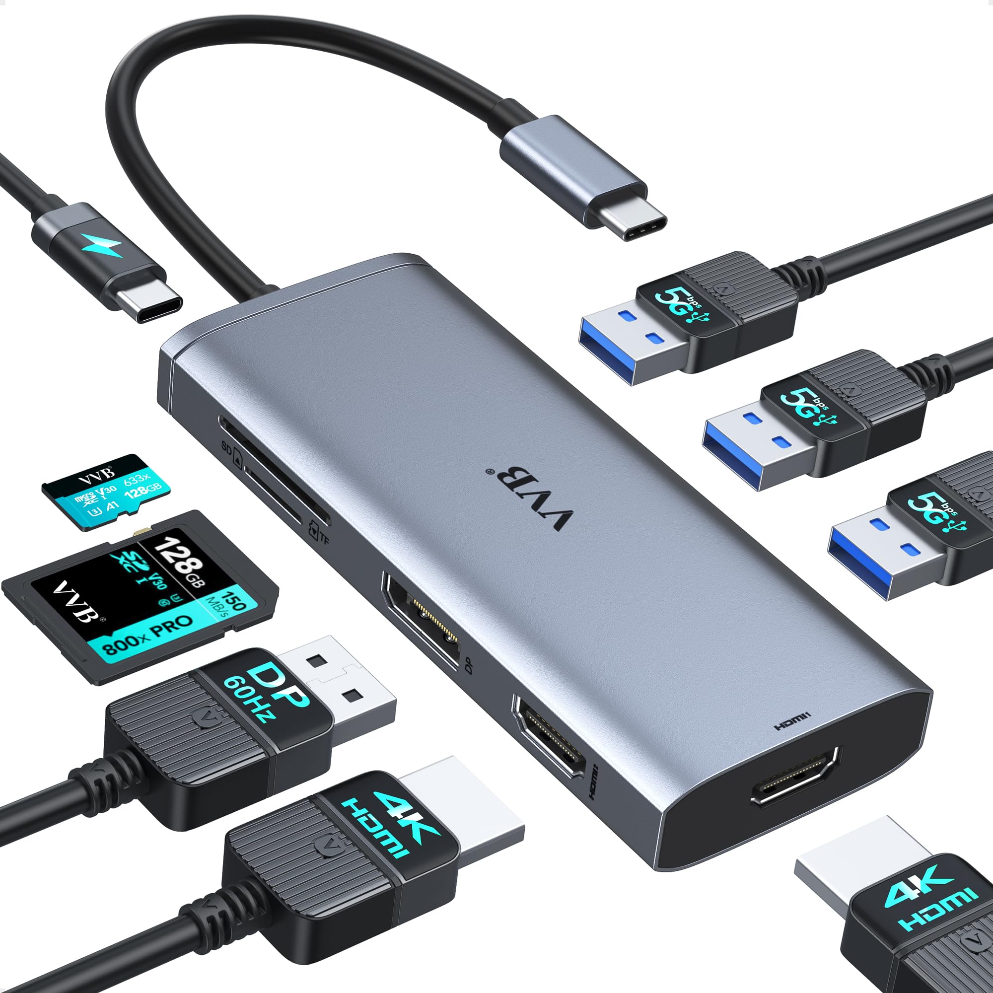 Docking Station VVB USB C Adapter,9 in 1 Triple Display USB C Hub Multiport Adapter Dongle with 2 HDMI 4K+DisplayPort+3 USB+100W PD+SD/TF Card Reader for Dell/HP/Lenovo Laptop Type C LaptopsCarbonfree Certified