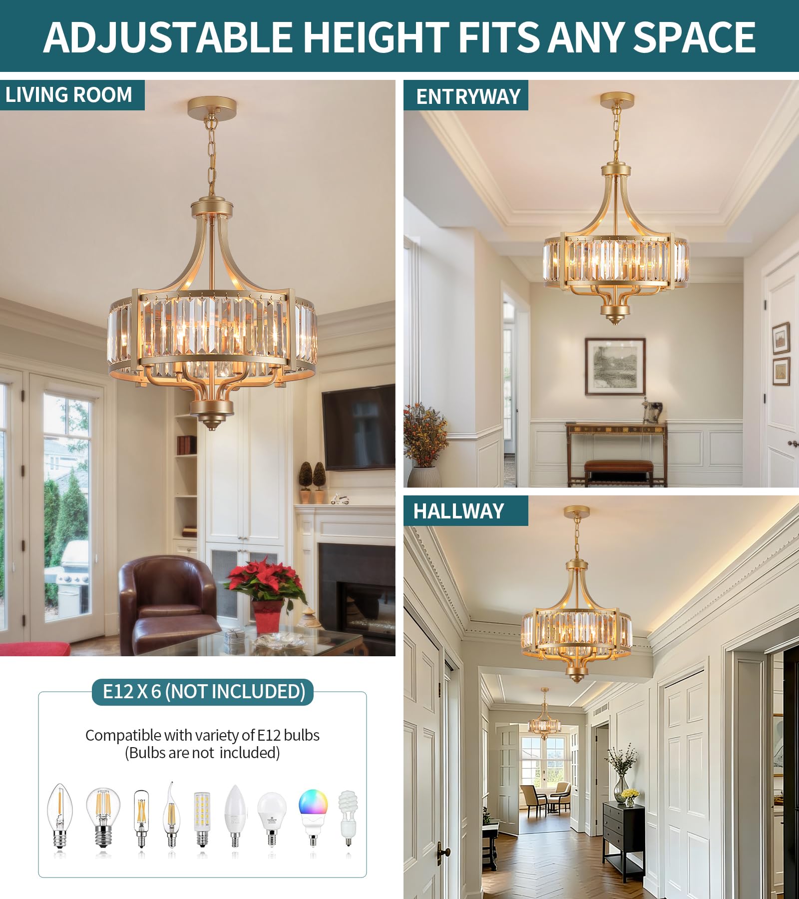 Condition photo showing New/Like New for meixisue gold crystal chandelier for dining room,modern farmhouse hanging light fixture, gold crystal chandelier for foyer kitchen island living,room bedroom entryway, gold antique adjustable height