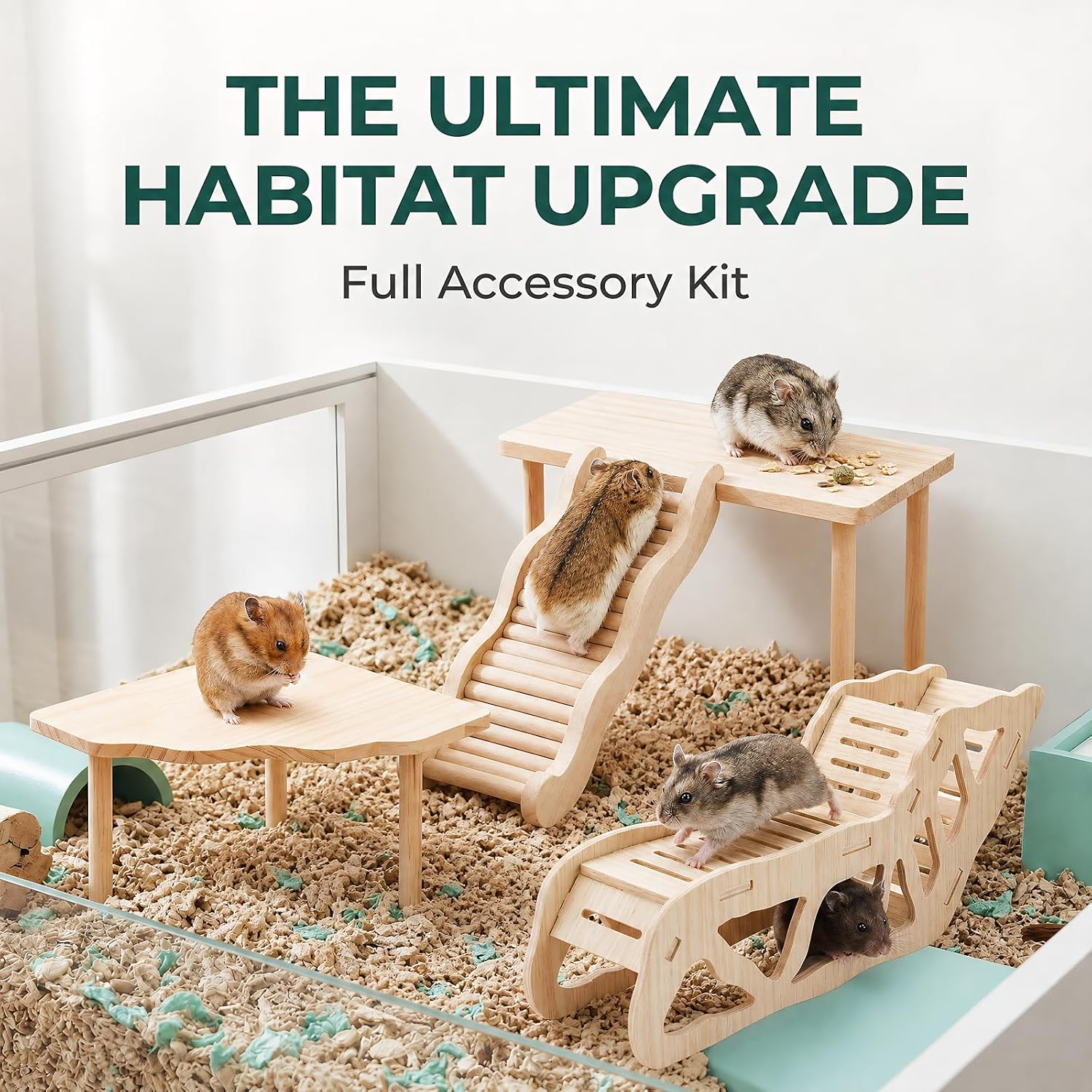 4-Piece Wooden Hamster Platform Set, Versatile Hideout & Exploration Tunnel with Ladder, Cage Decor for Syrian Dwarf Hamsters, Gerbils, Mice (4, Set 2)