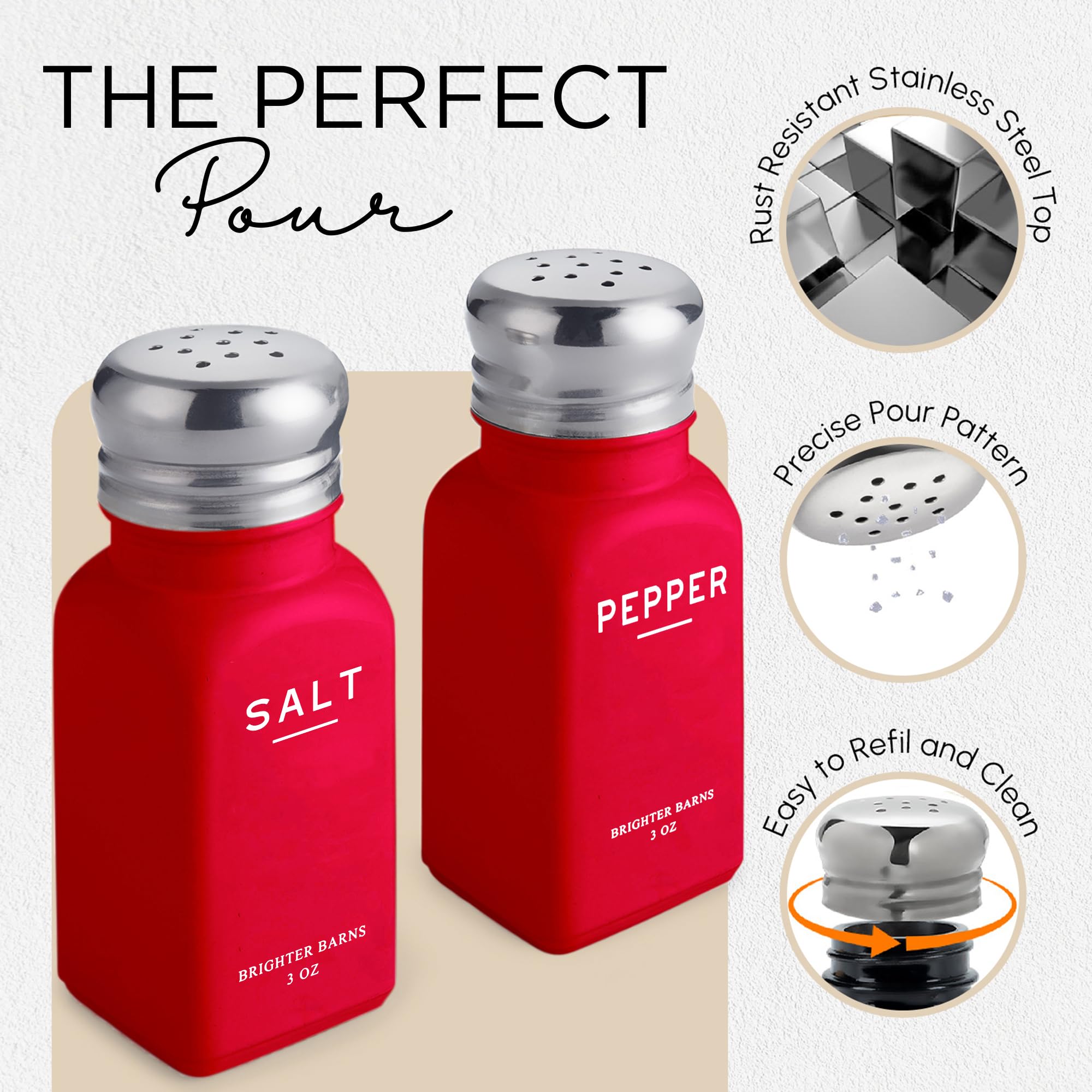 Rotes Salz- und Pfefferstreuer-Set von Brighter Barns – moderne Küchendekoration – niedliches Salz- und Pfefferstreuer-Set aus Glas mit Edelstahldeckel – modernes Küchenzubehör für Zuhause, Restaurant