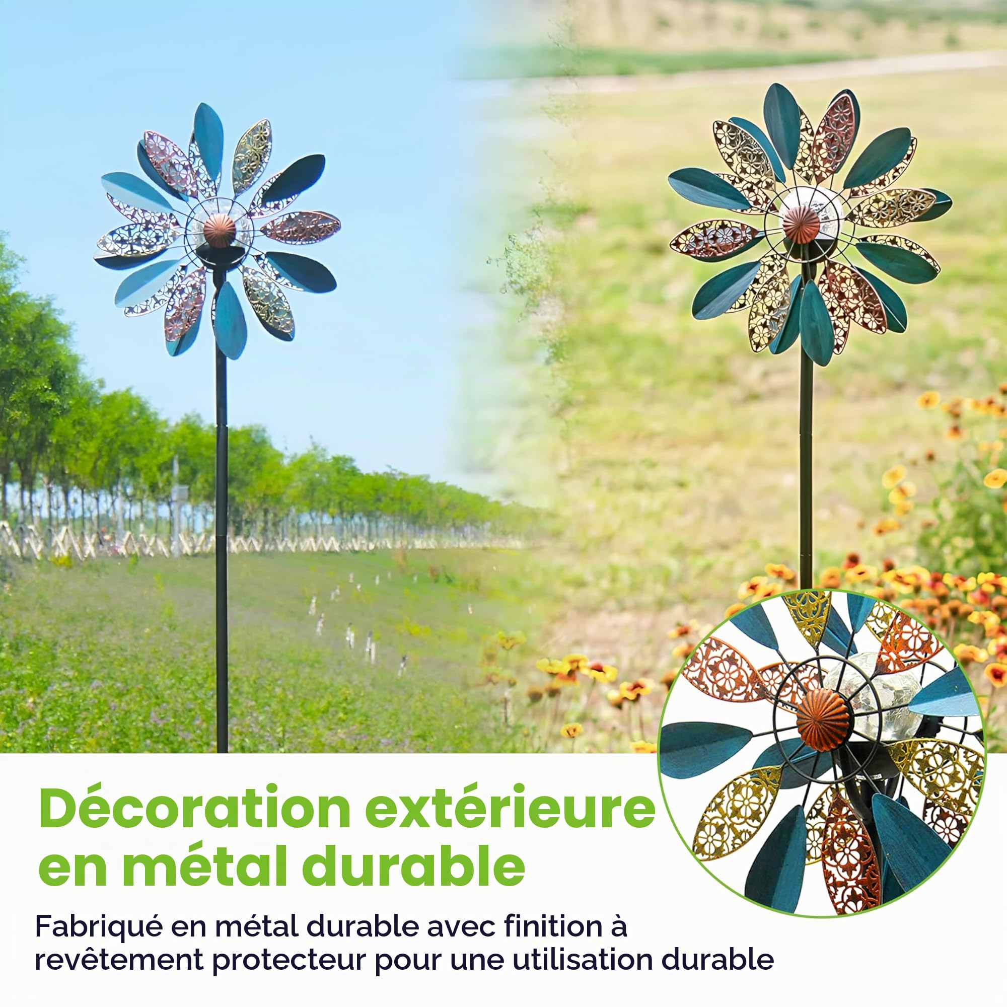 Arabesque Éolienne Solaire Multicolore 190,5 cm avec Boule en Verre à énergie Solaire avec éolienne cinétique Double Sens pour terrasse, pelouse et Jardin.