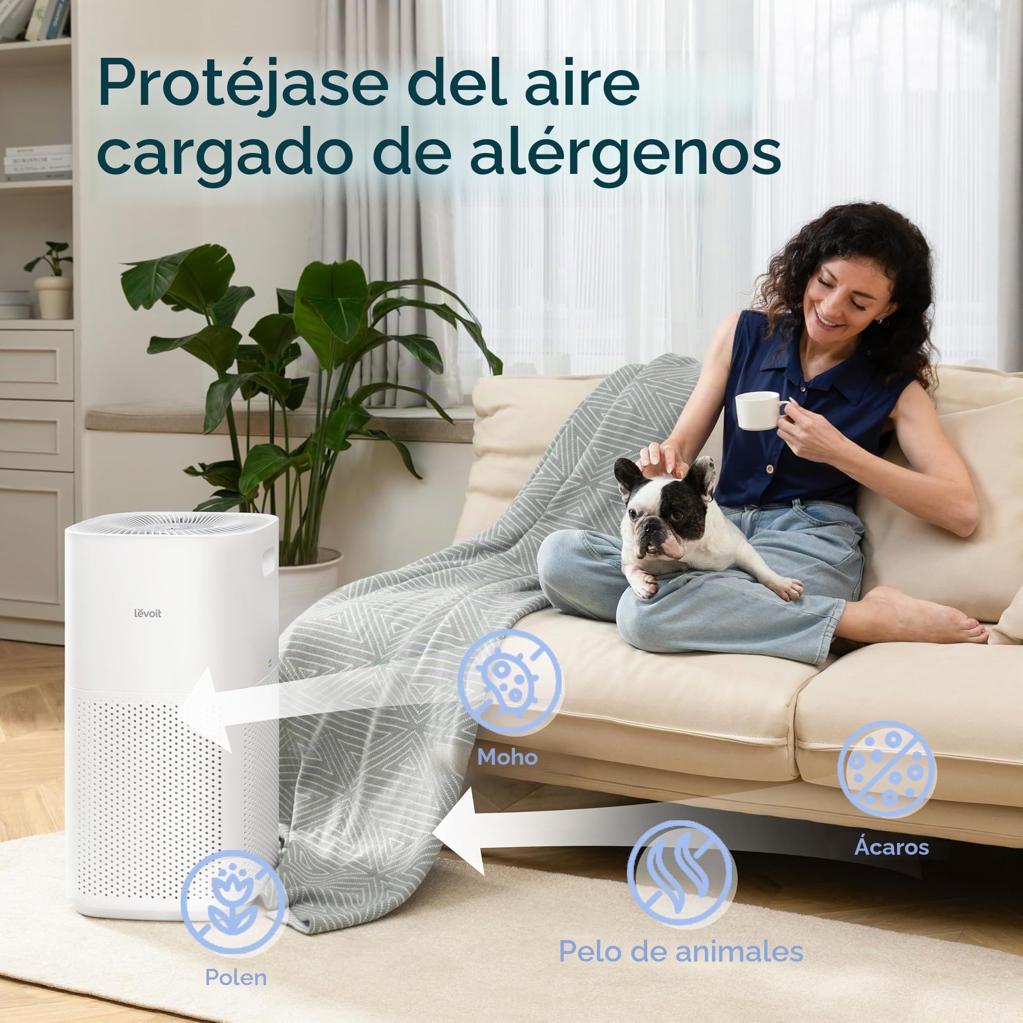 Levoit Purificador de aire inteligente con HEPA para fumadores y alergias, CADR 697 m³/h, hasta 147㎡, indicador de PM2.5, modo automático, contra el 99,97% de moho, polen y polvo, control con